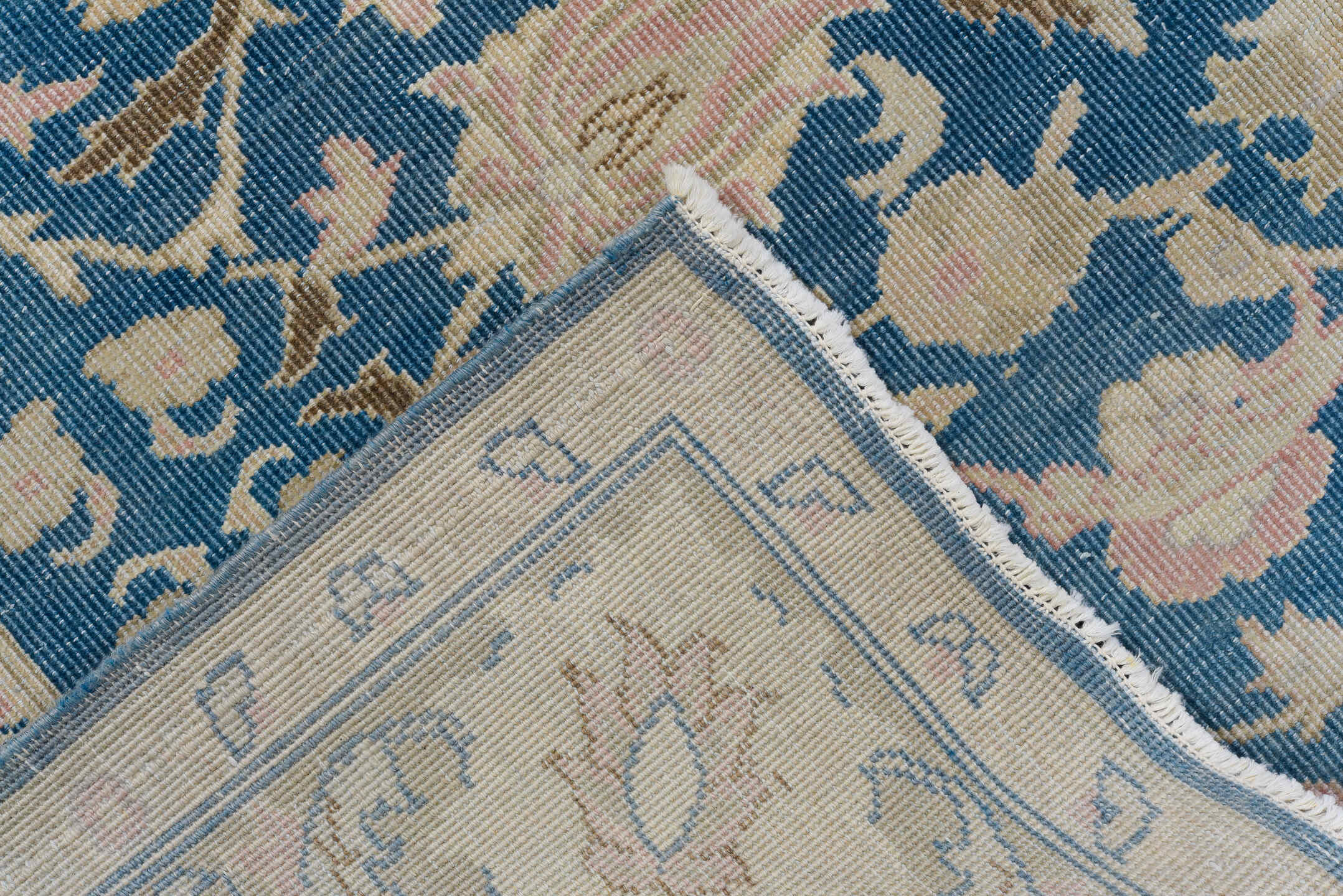 5' x 9' one-of-a-kind handmade antique Sivas medium size rug. Color palette: blue, ivory, blush, beige, taupe, pink, gray