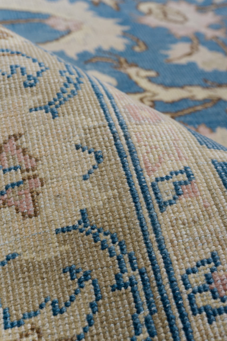 5' x 9' one-of-a-kind handmade antique Sivas medium size rug. Color palette: blue, ivory, blush, beige, taupe, pink, gray
