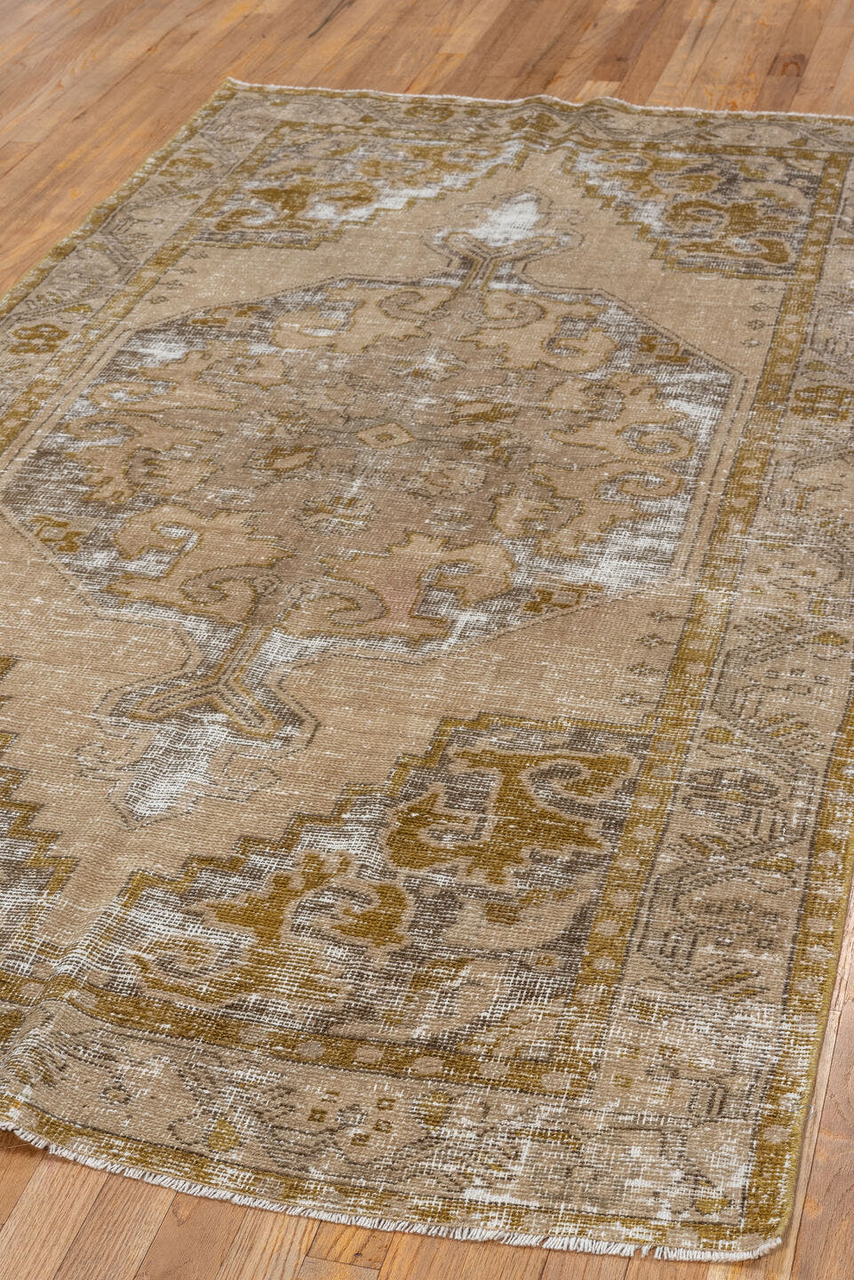 4' x 7' one-of-a-kind handmade vintage Oushak rug. Color palette: beige, taupe, gold, ivory, camel, brown, gray