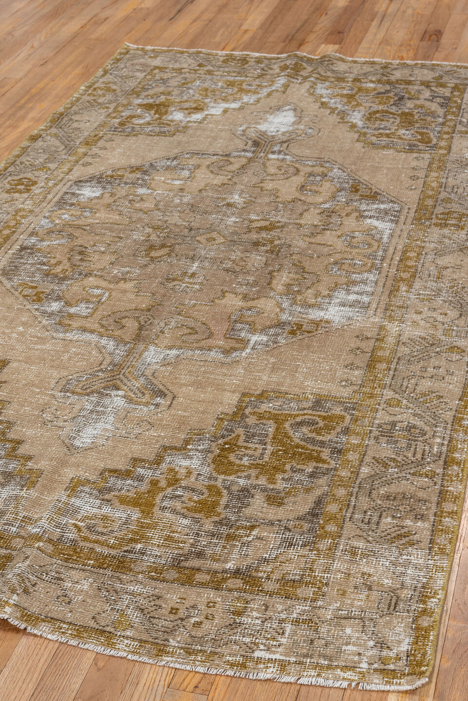 4' x 7' one-of-a-kind handmade vintage Oushak rug. Color palette: beige, taupe, gold, ivory, camel, brown, gray