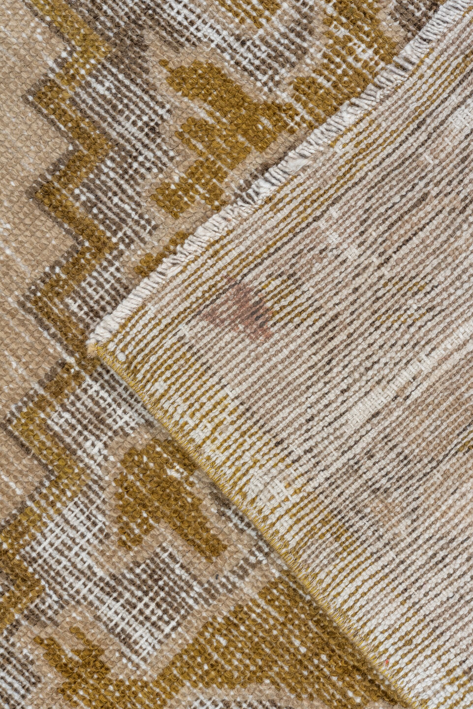 4' x 7' one-of-a-kind handmade vintage Oushak rug. Color palette: beige, taupe, gold, ivory, camel, brown, gray