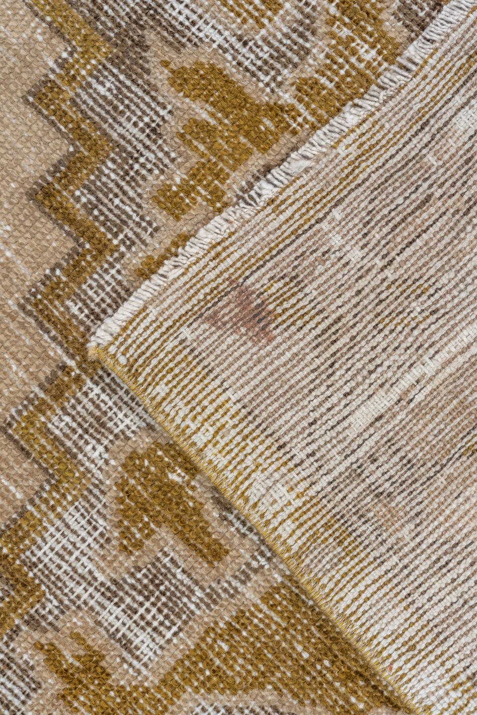 4' x 7' one-of-a-kind handmade vintage Oushak rug. Color palette: beige, taupe, gold, ivory, camel, brown, gray