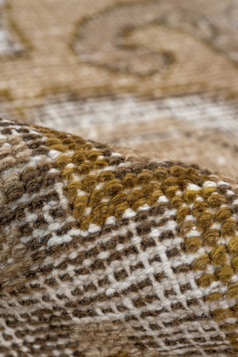 4' x 7' one-of-a-kind handmade vintage Oushak rug. Color palette: beige, taupe, gold, ivory, camel, brown, gray