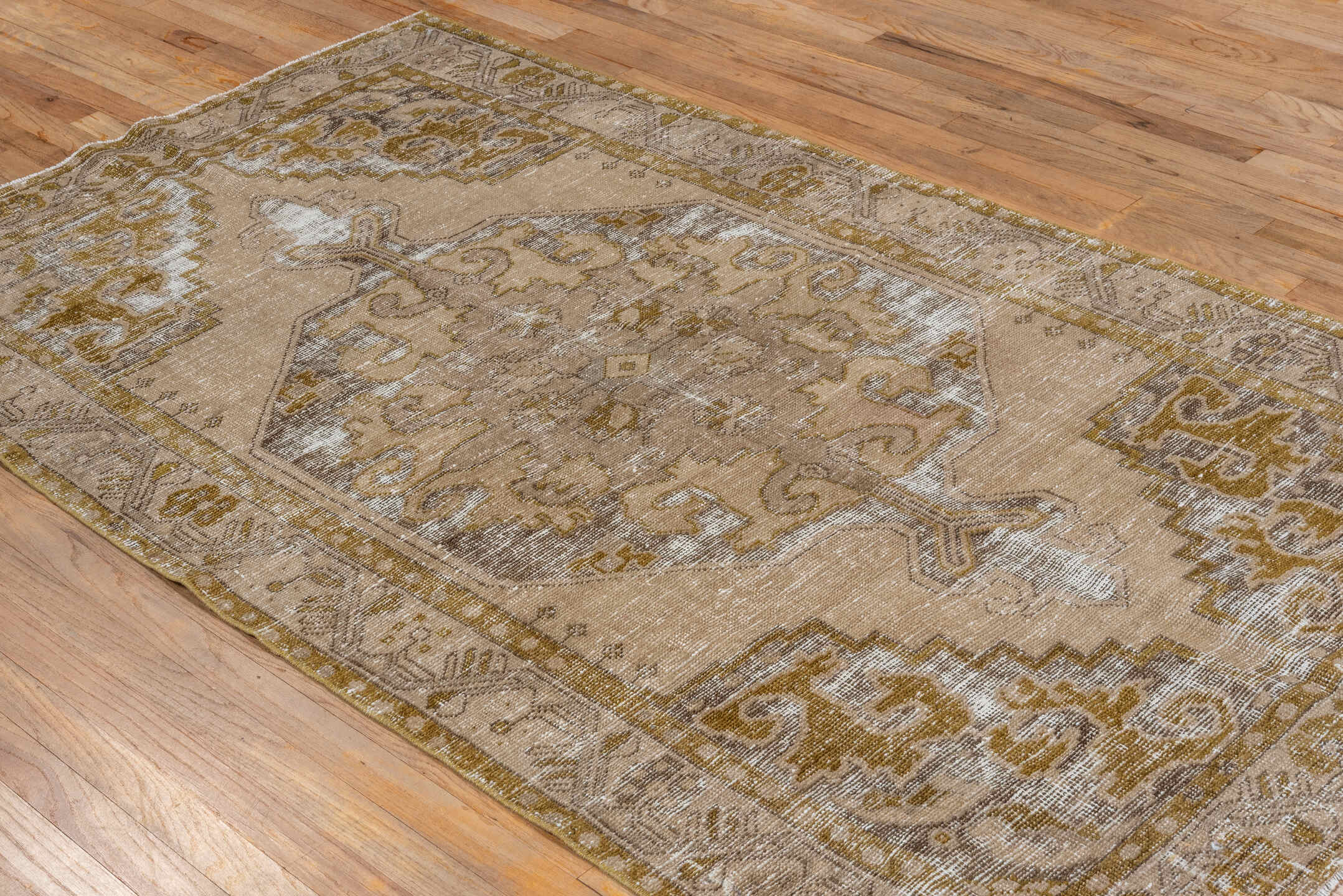 4' x 7' one-of-a-kind handmade vintage Oushak rug. Color palette: beige, taupe, gold, ivory, camel, brown, gray