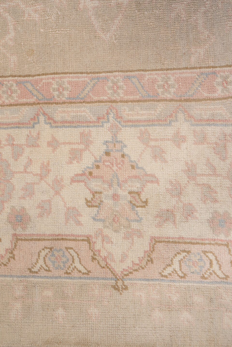 11' x 14' one-of-a-kind handmade antique Oushak oversize rug. Color palette: taupe, ivory, blush, pale blue, beige, sand