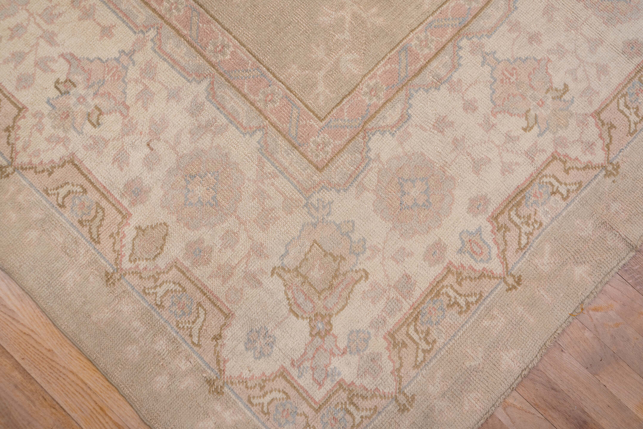 11' x 14' one-of-a-kind handmade antique Oushak oversize rug. Color palette: taupe, ivory, blush, pale blue, beige, sand