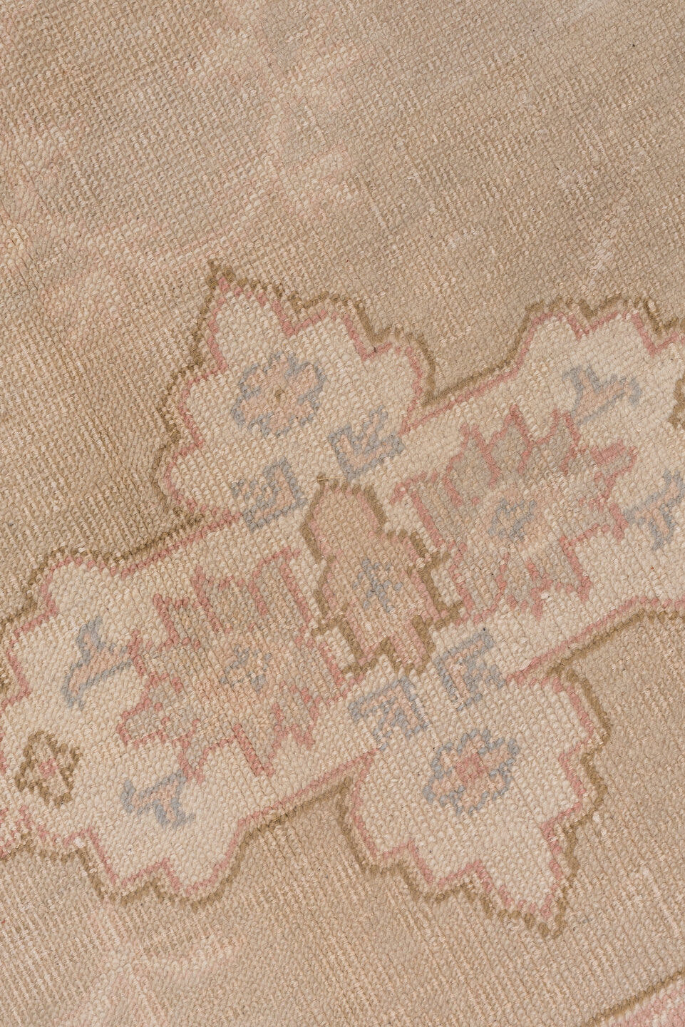 11' x 14' one-of-a-kind handmade antique Oushak oversize rug. Color palette: taupe, ivory, blush, pale blue, beige, sand