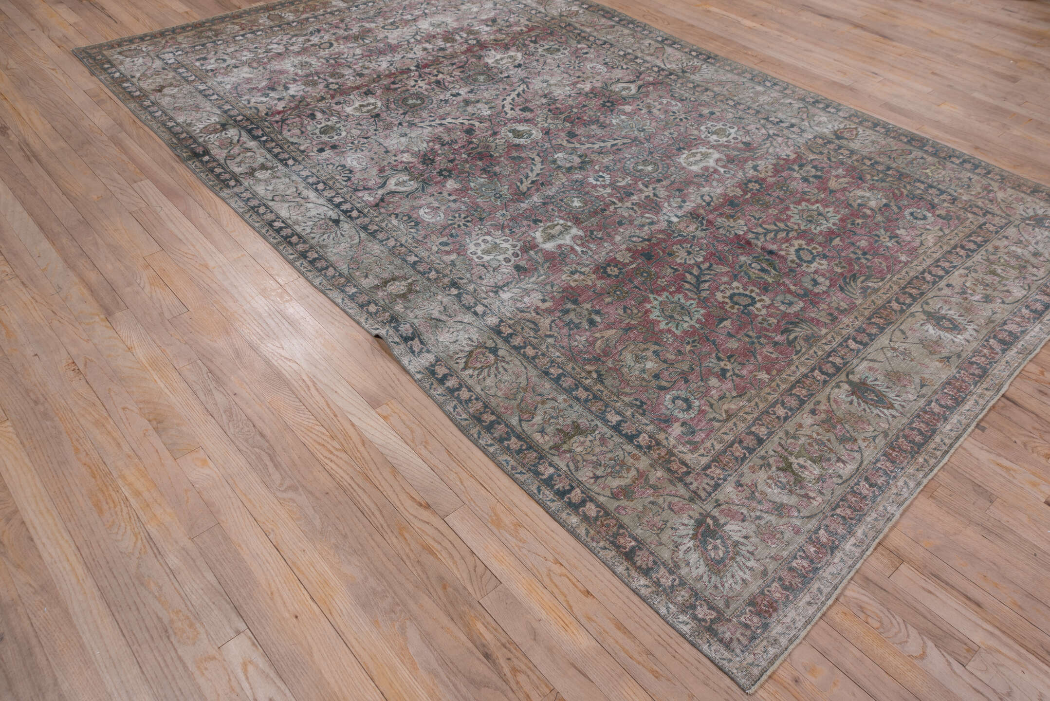6' x 11' one-of-a-kind handmade antique Tehran large size rug. Color palette: rose, ivory, slate, dusty blue, taupe