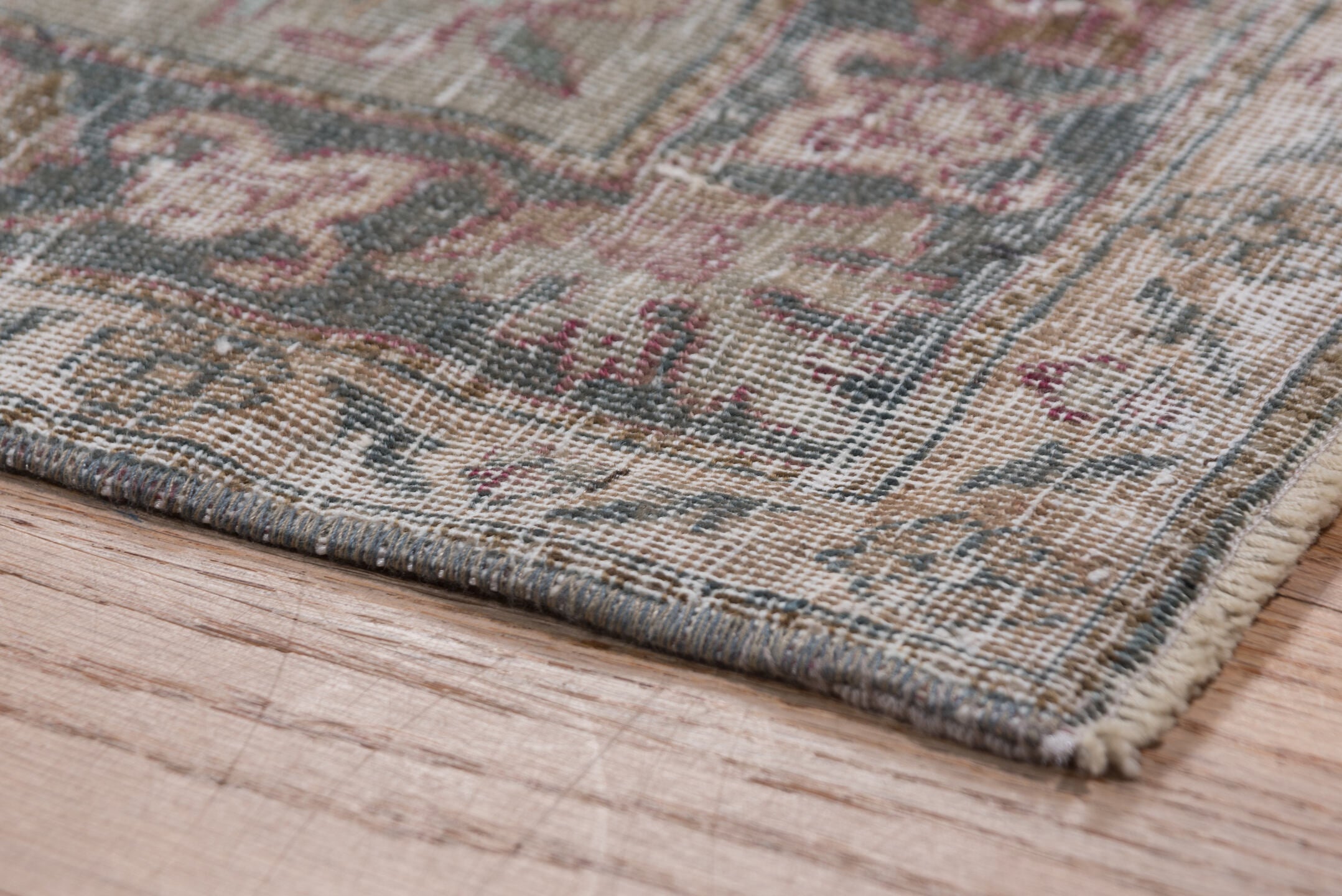 6' x 11' one-of-a-kind handmade antique Tehran large size rug. Color palette: rose, ivory, slate, dusty blue, taupe