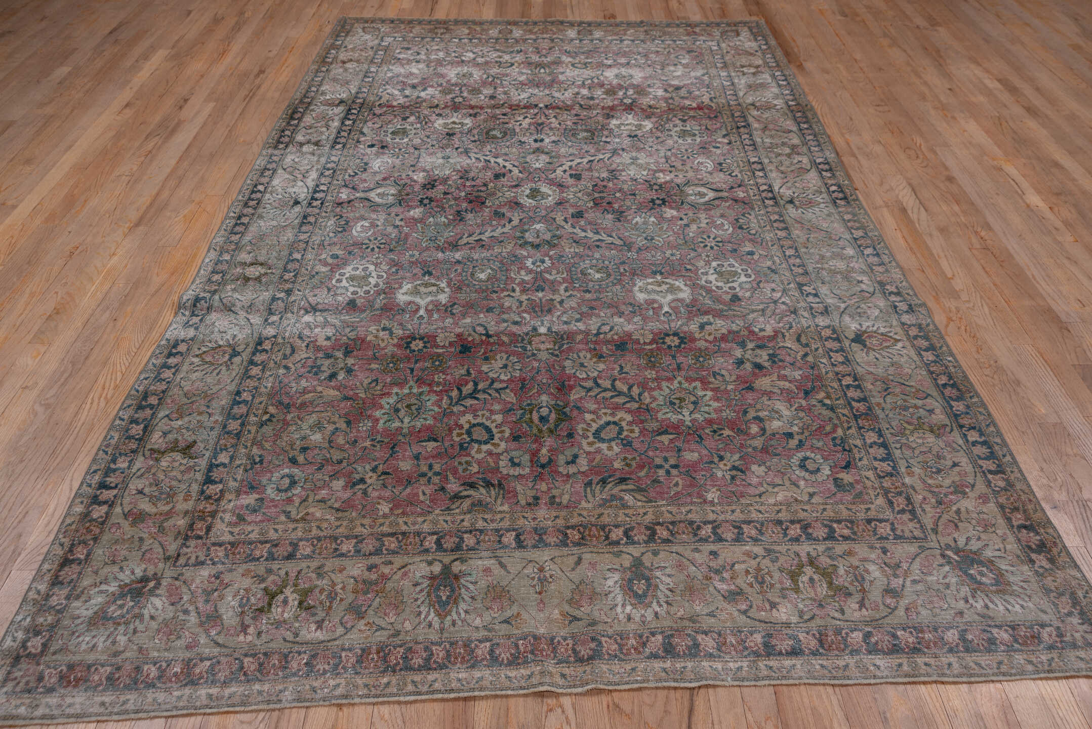 6' x 11' one-of-a-kind handmade antique Tehran large size rug. Color palette: rose, ivory, slate, dusty blue, taupe