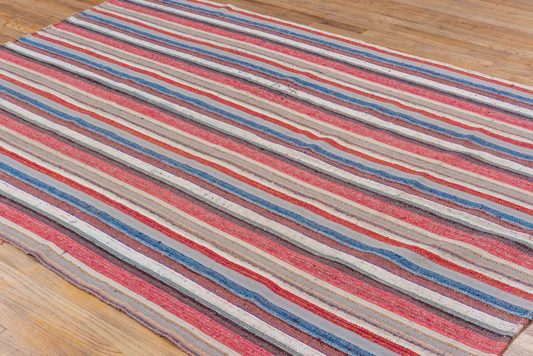 5' x 8' one-of-a-kind handmade vintage Kilim medium size rug. Color palette: blue, brown, dark gray, gray, light blue