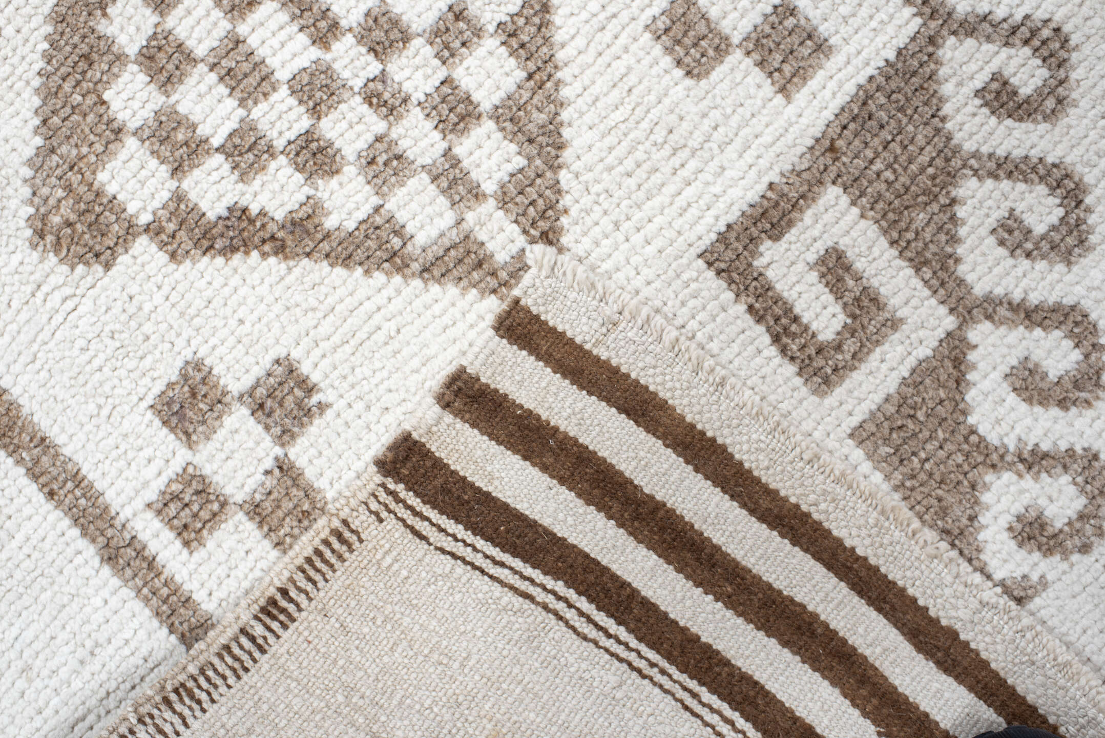 3' x 11' one-of-a-kind handmade vintage Kars runner rug. Color palette: brown, gainsboro, gray, light gray, off-white, pink