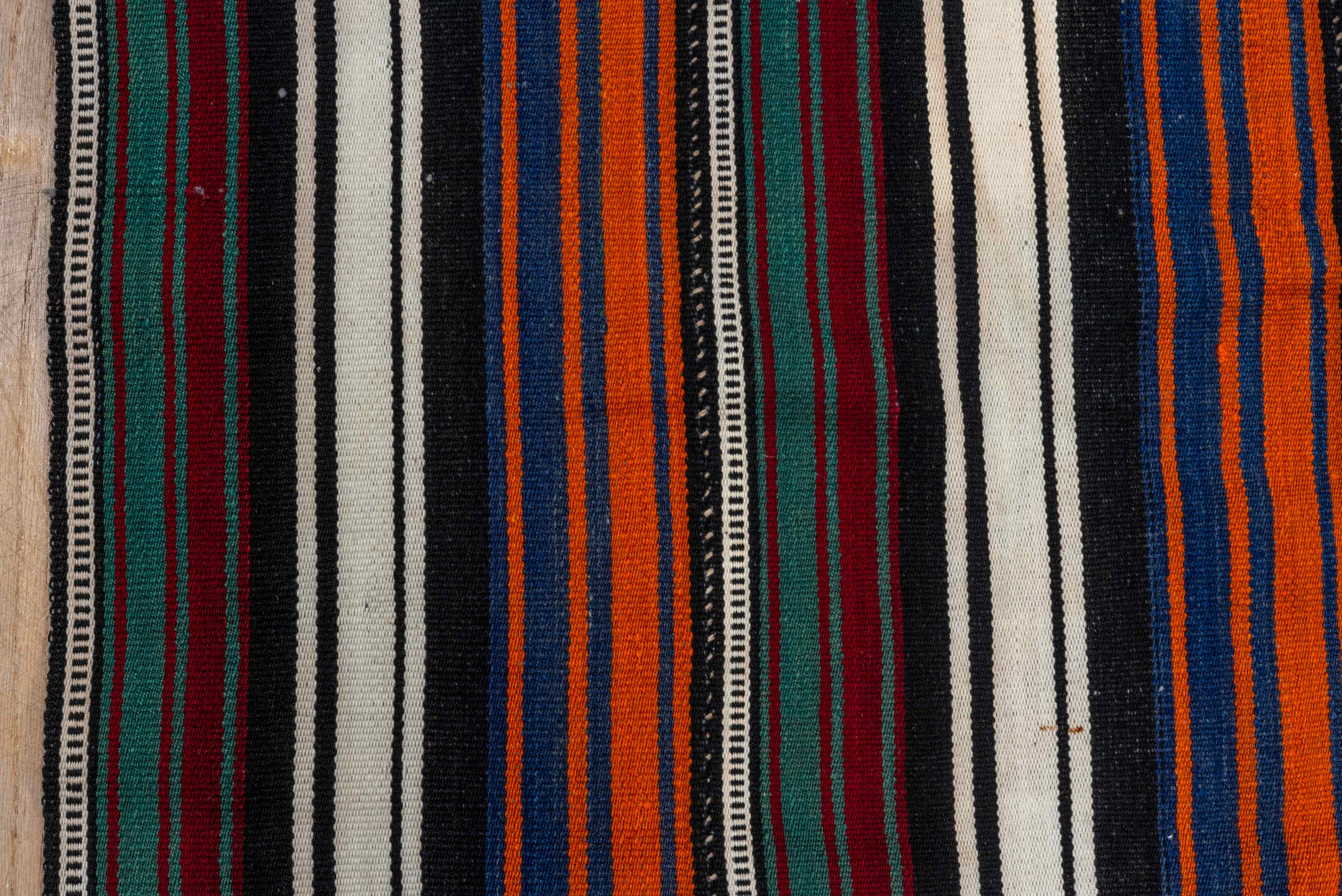 5' x 9' one-of-a-kind handmade vintage Flatweave medium size rug. Color palette: ivory, orange, black, navy, burgundy, teal
