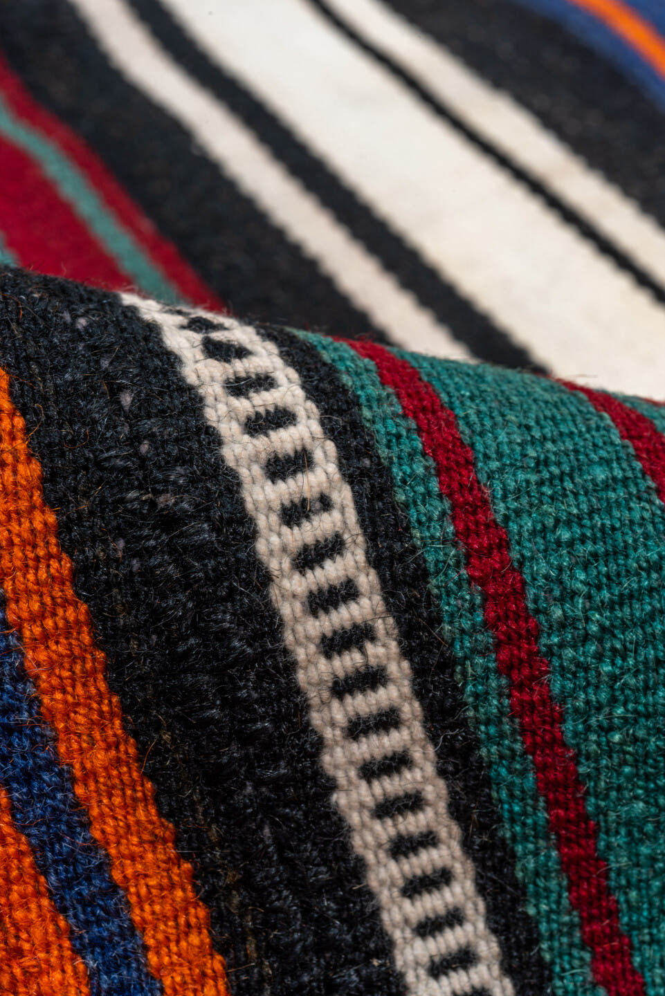 5' x 9' one-of-a-kind handmade vintage Flatweave medium size rug. Color palette: ivory, orange, black, navy, burgundy, teal