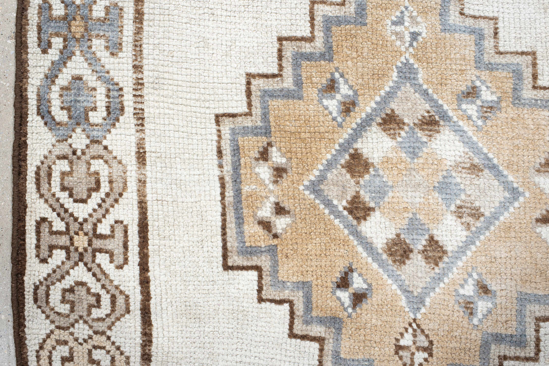3' x 13' one-of-a-kind handmade vintage Kars runner rug. Color palette: ivory, taupe, brown, camel, pale blue, beige, gray