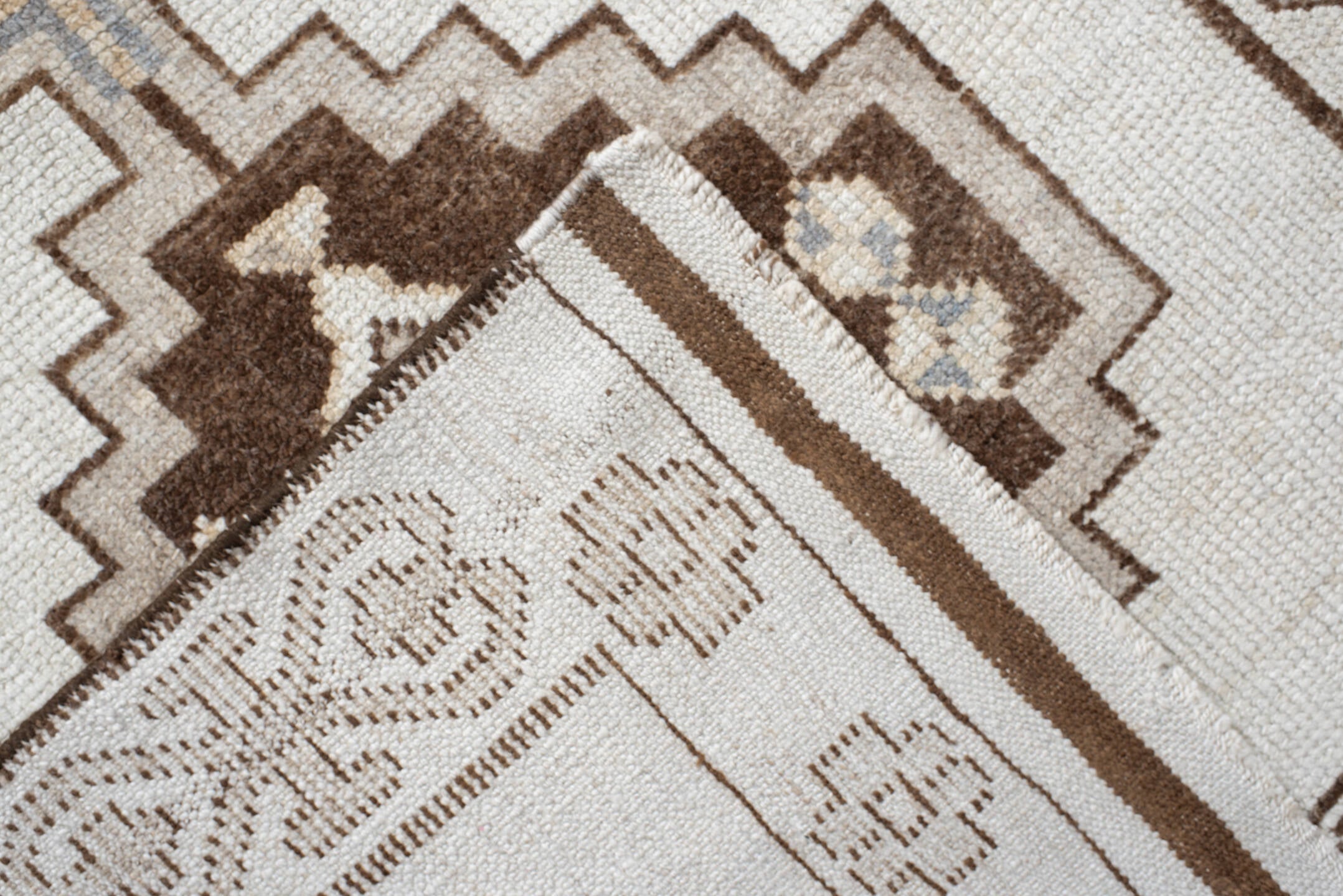 3' x 13' one-of-a-kind handmade vintage Kars runner rug. Color palette: brown, dark gray, gainsboro, gray, light gray