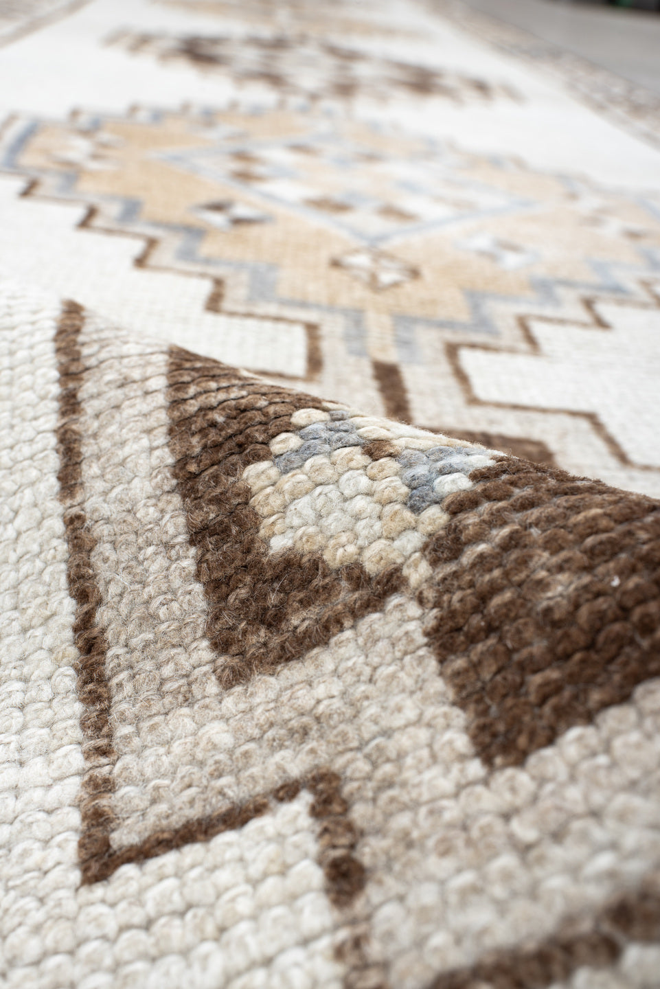 3' x 13' one-of-a-kind handmade vintage Kars runner rug. Color palette: brown, dark gray, gainsboro, gray, light gray