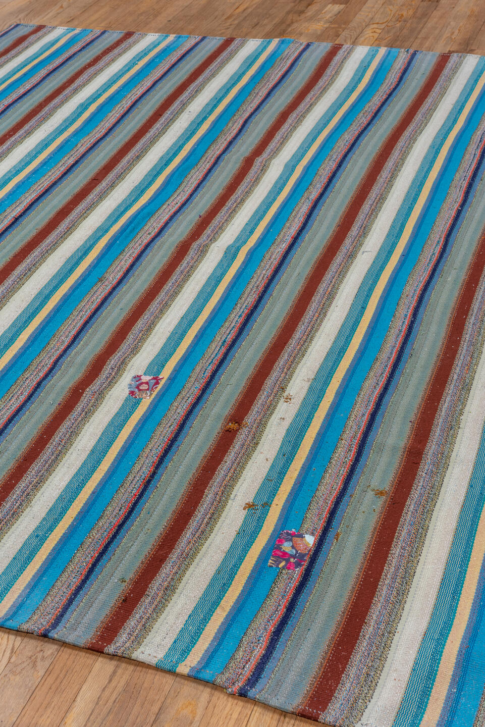 6' x 7' one-of-a-kind handmade vintage Flatweave rug. Color palette: turquoise, ivory, sky blue, rust, gray, navy, teal