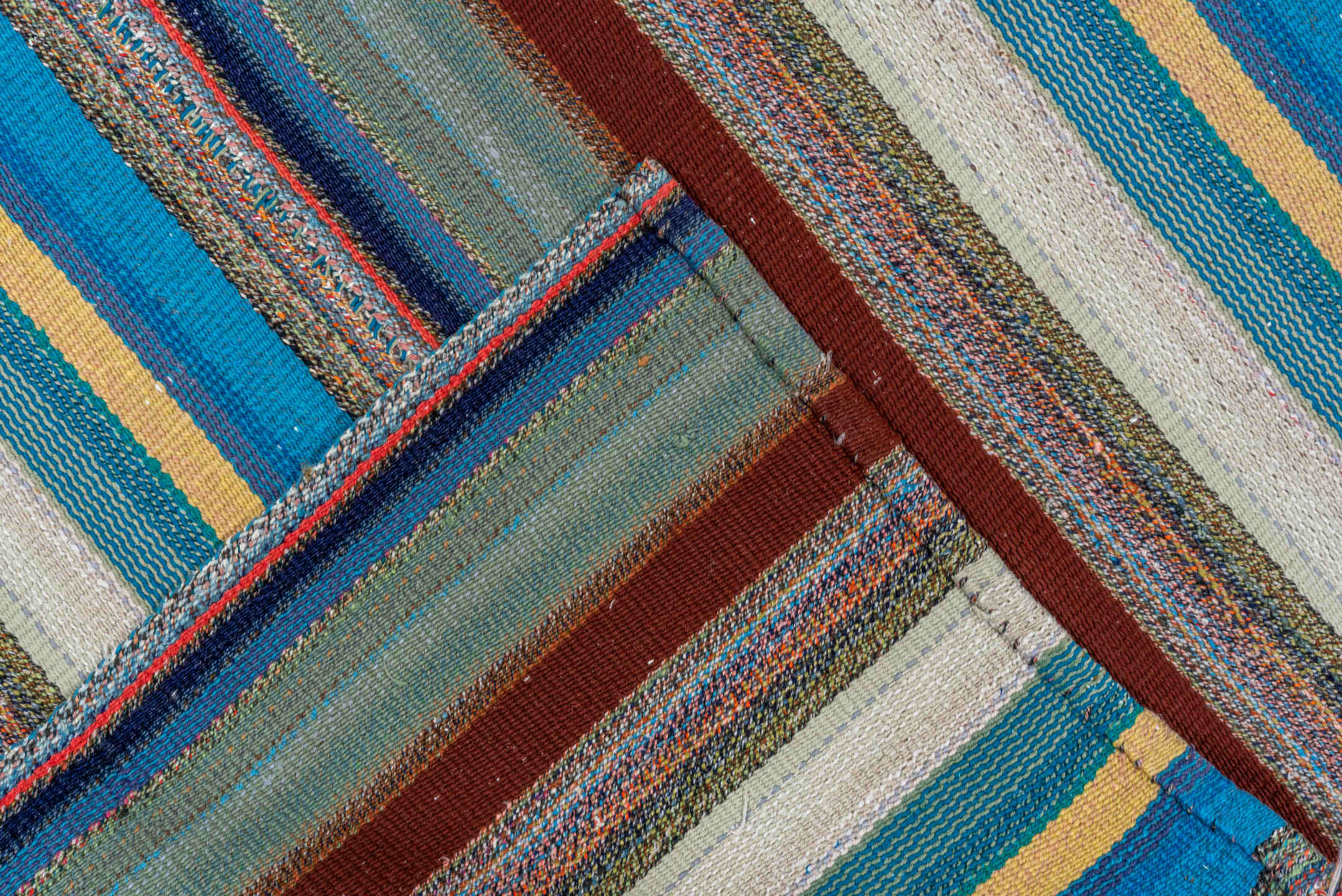 6' x 7' one-of-a-kind handmade vintage Flatweave rug. Color palette: turquoise, ivory, sky blue, rust, gray, navy, teal
