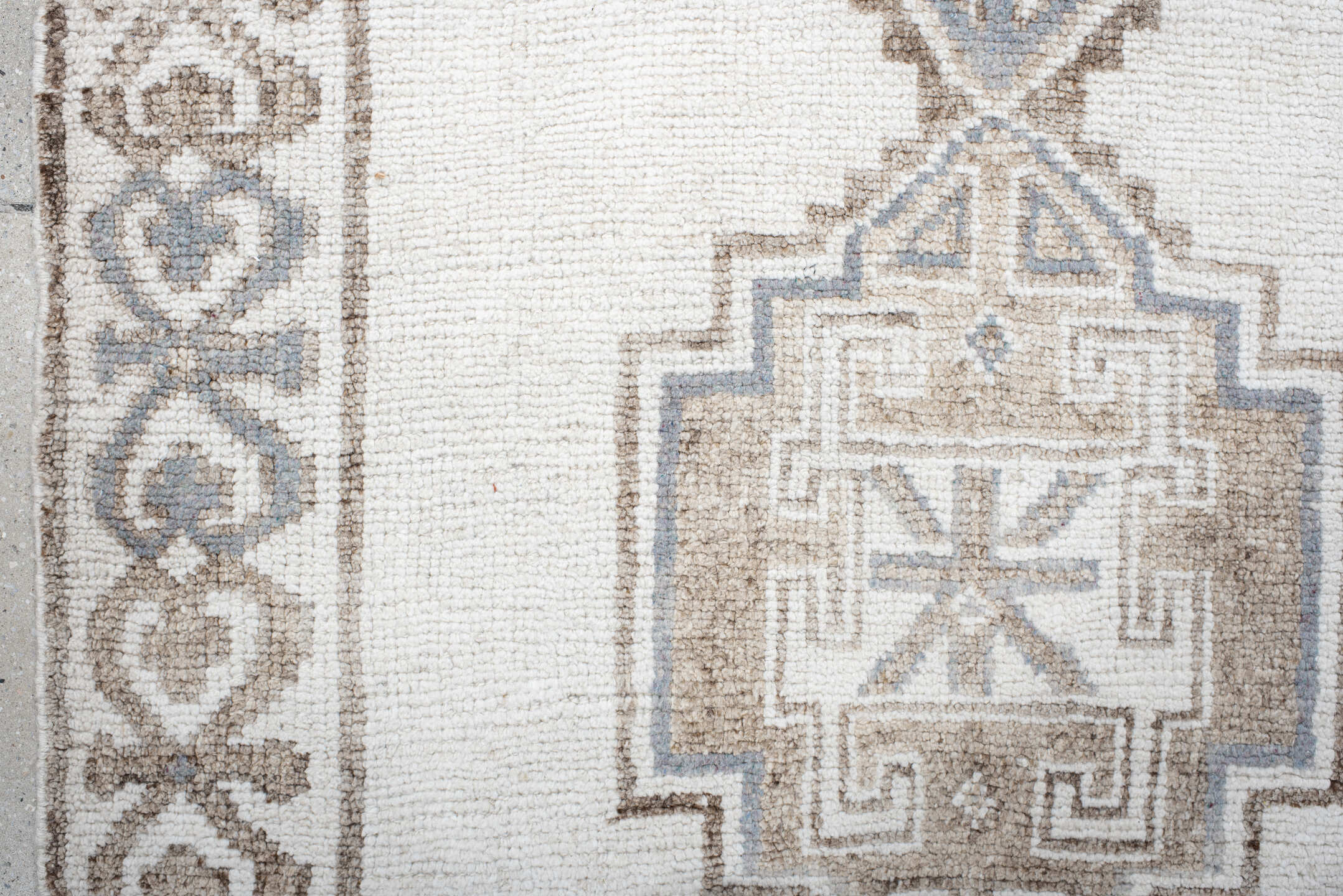 4' x 12' one-of-a-kind handmade vintage Kars runner rug. Color palette: ivory, taupe, brown, gray, beige