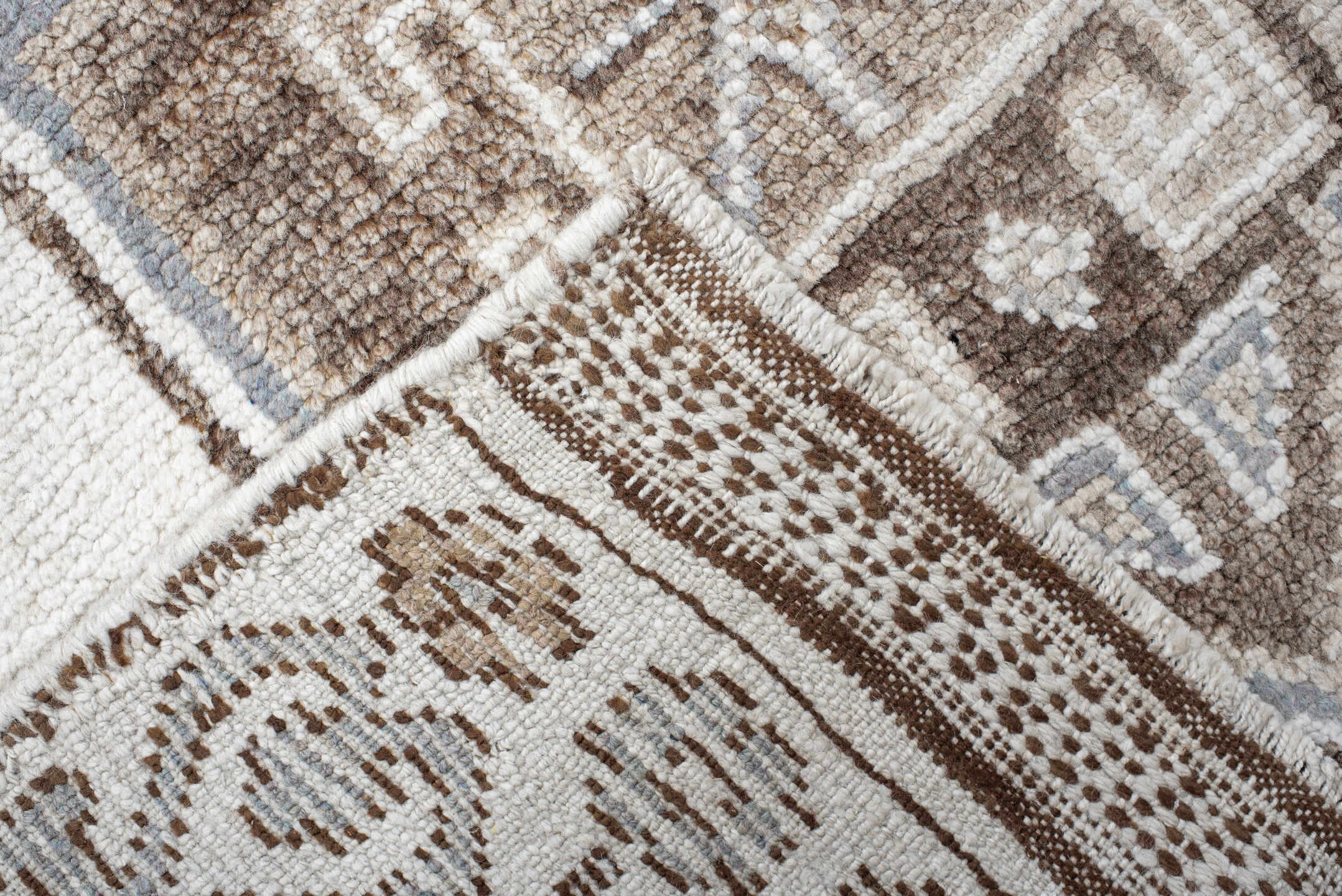 4' x 12' one-of-a-kind handmade vintage Kars runner rug. Color palette: ivory, taupe, brown, gray, beige