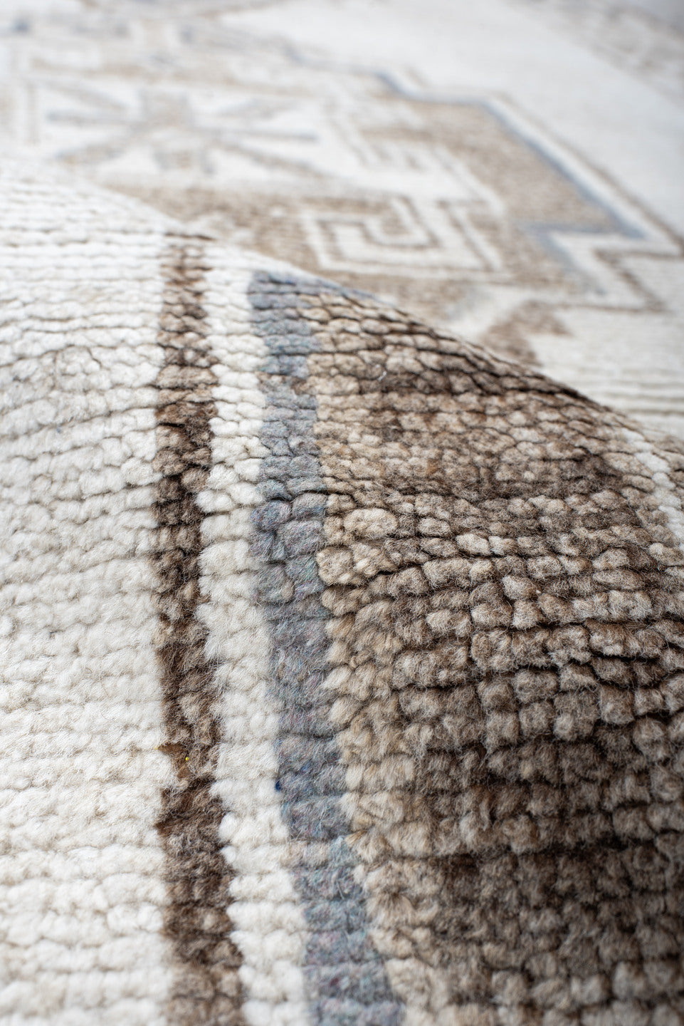 4' x 12' one-of-a-kind handmade vintage Kars runner rug. Color palette: ivory, taupe, brown, gray, beige