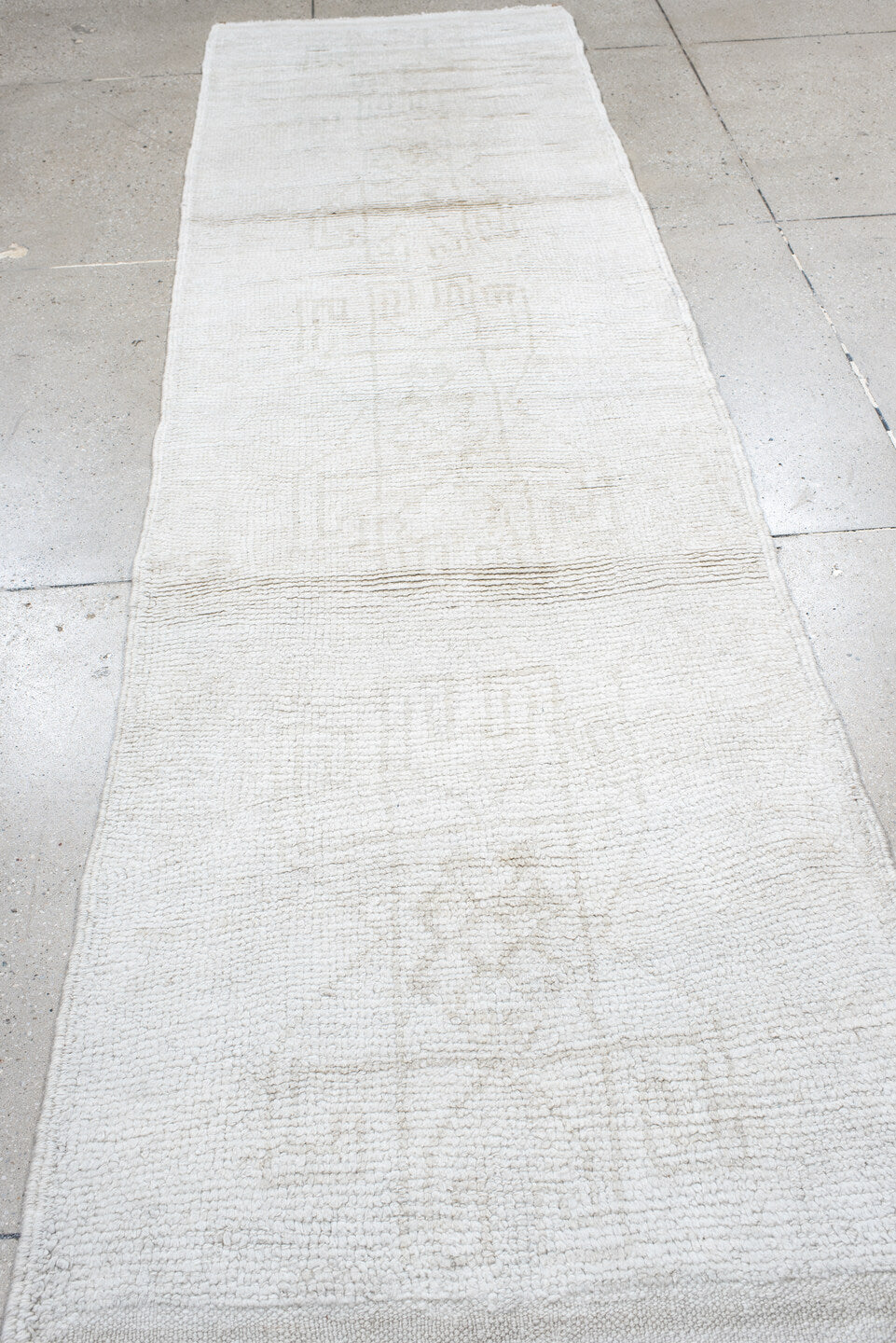 3' x 10' one-of-a-kind handmade vintage Kars runner rug. Color palette: ivory, cream, taupe, pale gray, beige, gray
