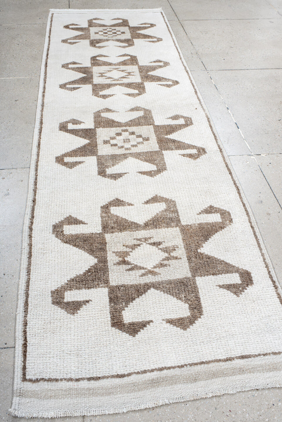 3' x 11' one-of-a-kind handmade vintage Kars runner rug. Color palette: ivory, taupe, beige, gray