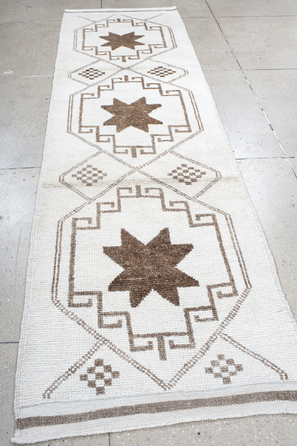 3' x 11' one-of-a-kind handmade vintage Kars runner rug. Color palette: ivory, taupe, brown, beige, gray