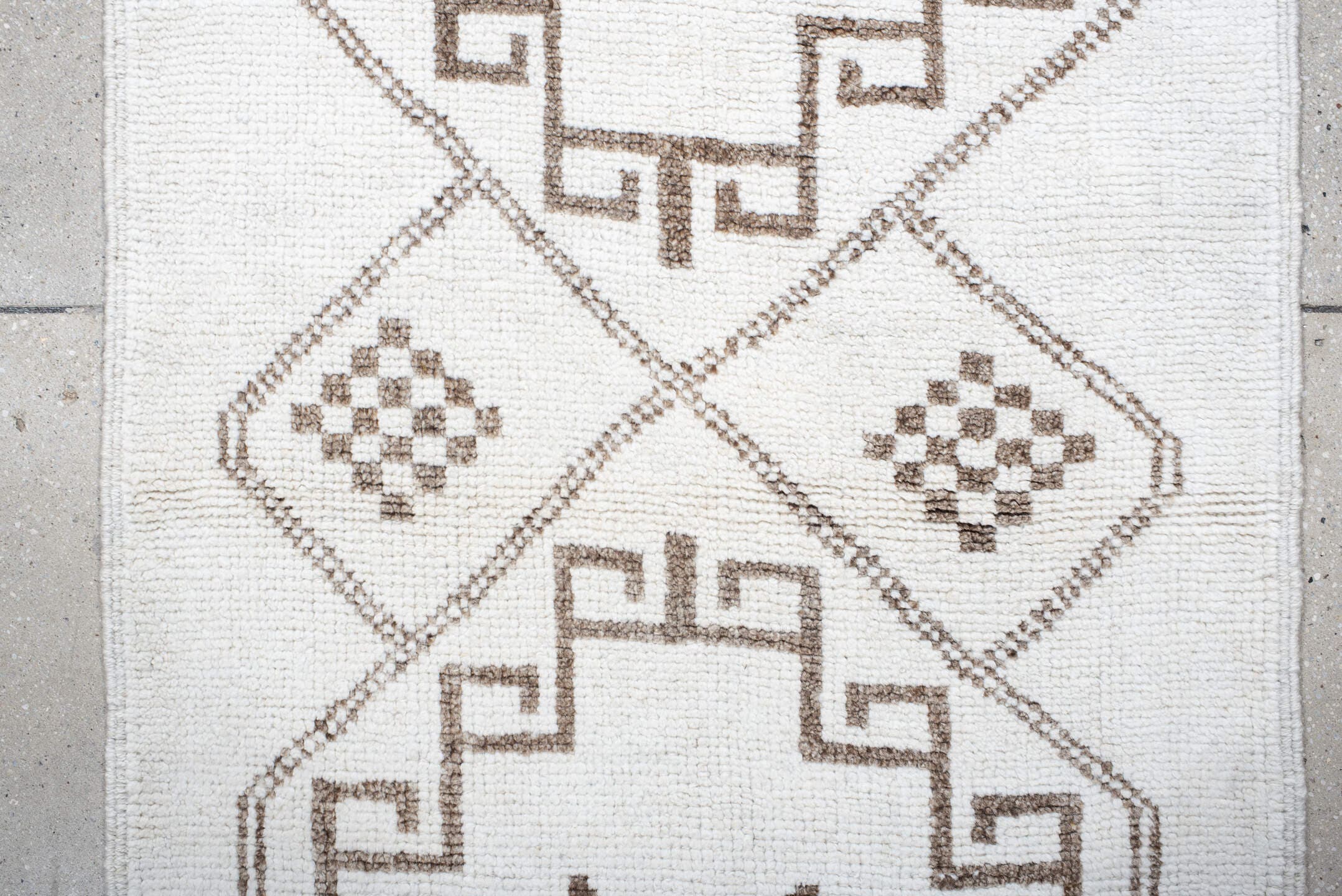 3' x 11' one-of-a-kind handmade vintage Kars runner rug. Color palette: ivory, taupe, brown, beige, gray