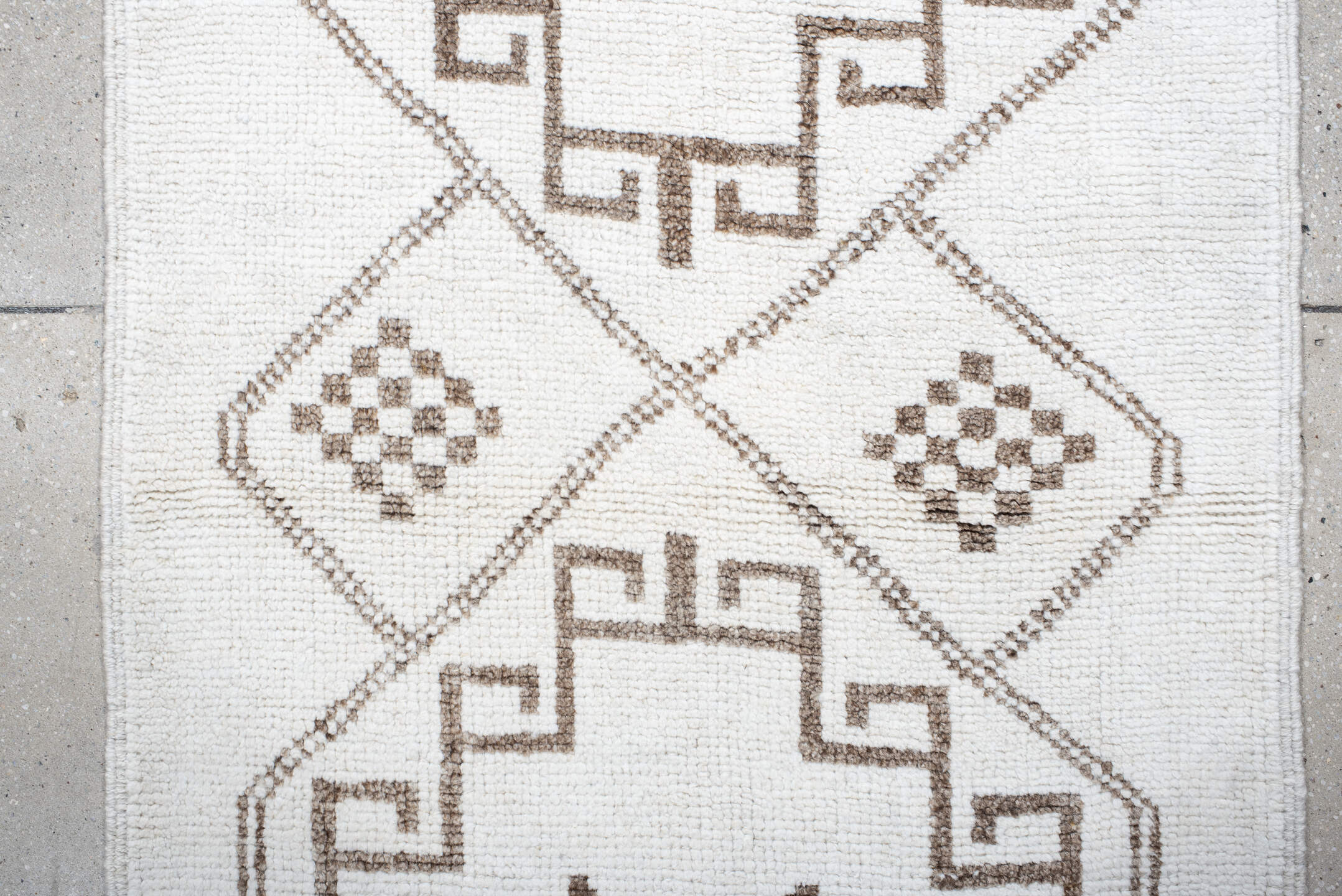 3' x 11' one-of-a-kind handmade vintage Kars runner rug. Color palette: ivory, taupe, brown, beige, gray