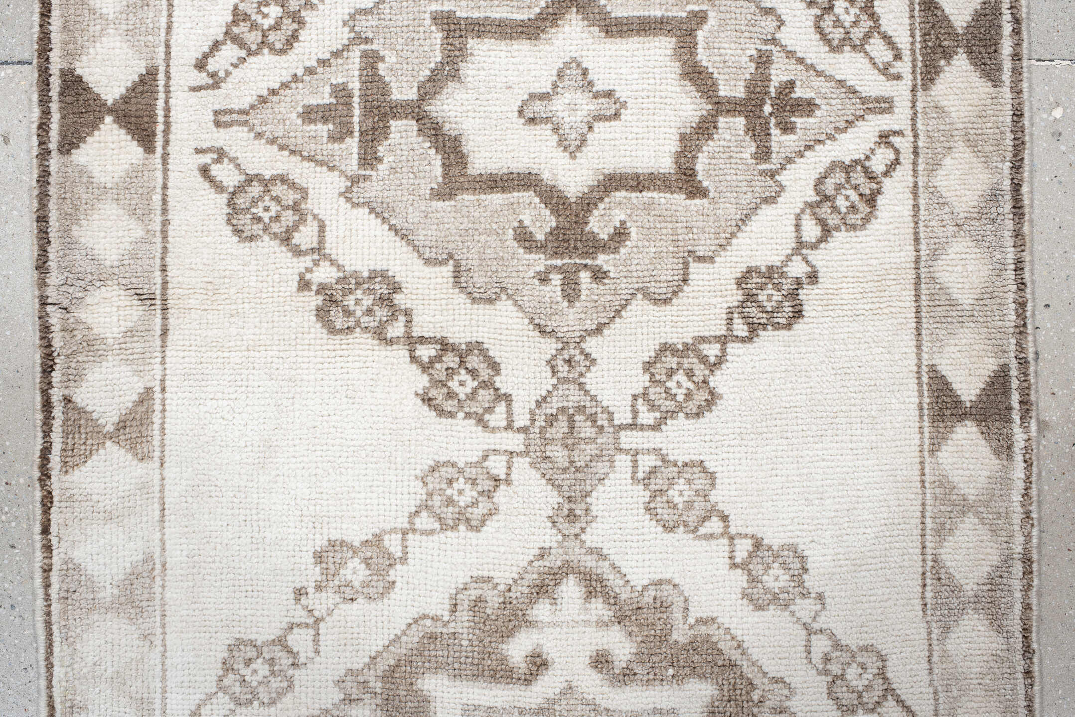 3' x 11' one-of-a-kind handmade vintage Kars runner rug. Color palette: ivory, taupe, camel, beige, brown, gray