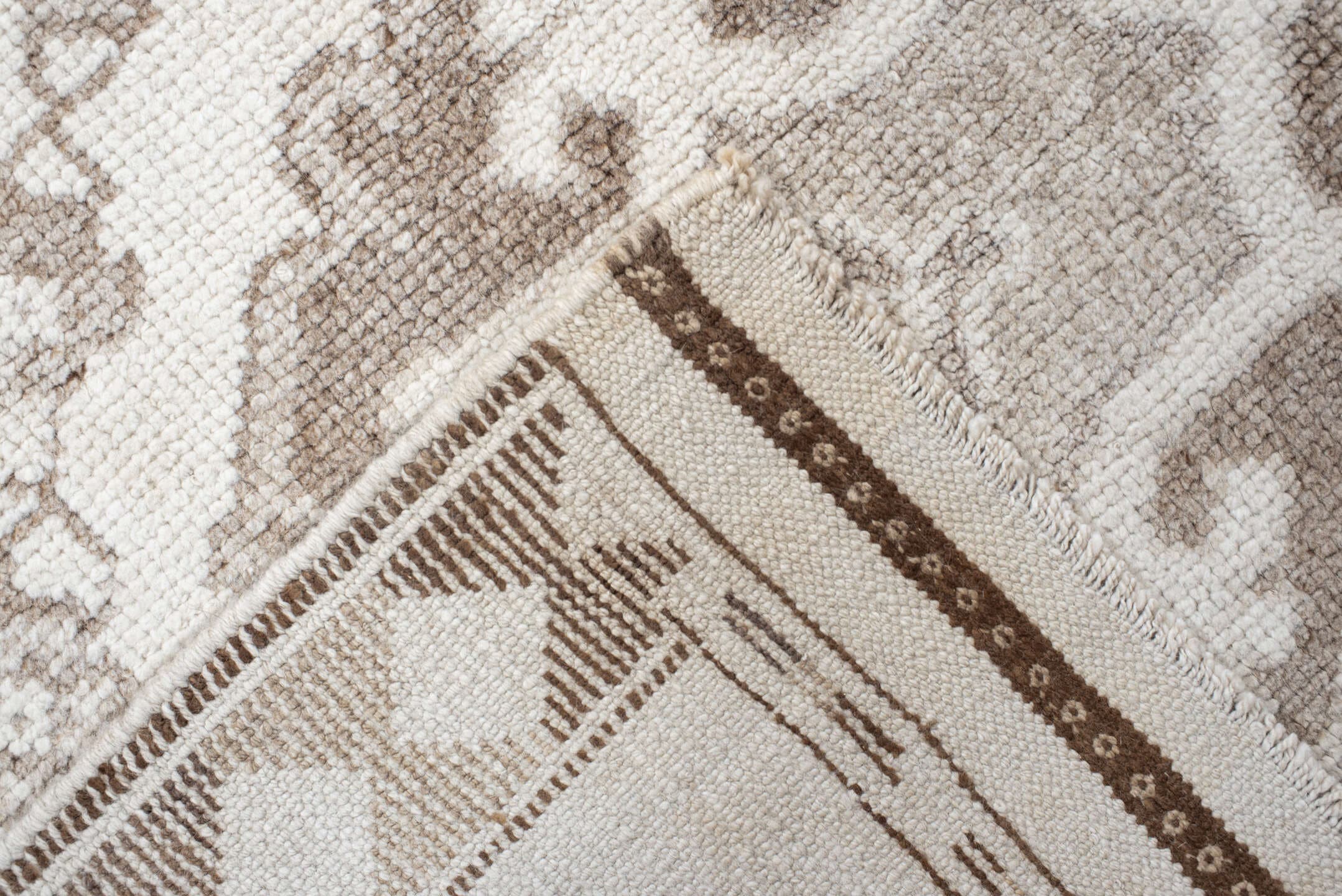 3' x 11' one-of-a-kind handmade vintage Kars runner rug. Color palette: ivory, taupe, camel, beige, brown, gray