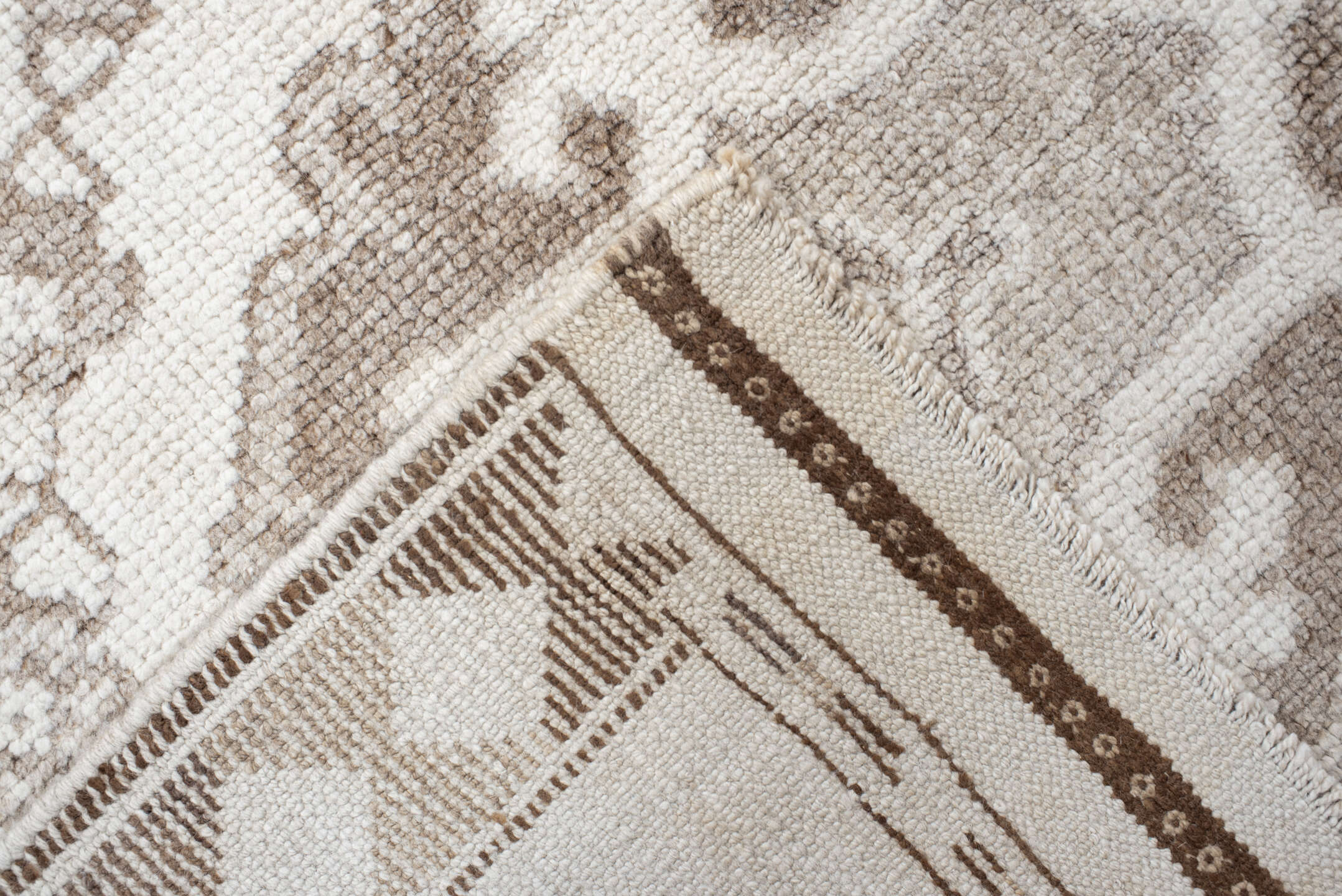 3' x 11' one-of-a-kind handmade vintage Kars runner rug. Color palette: ivory, taupe, camel, beige, brown, gray