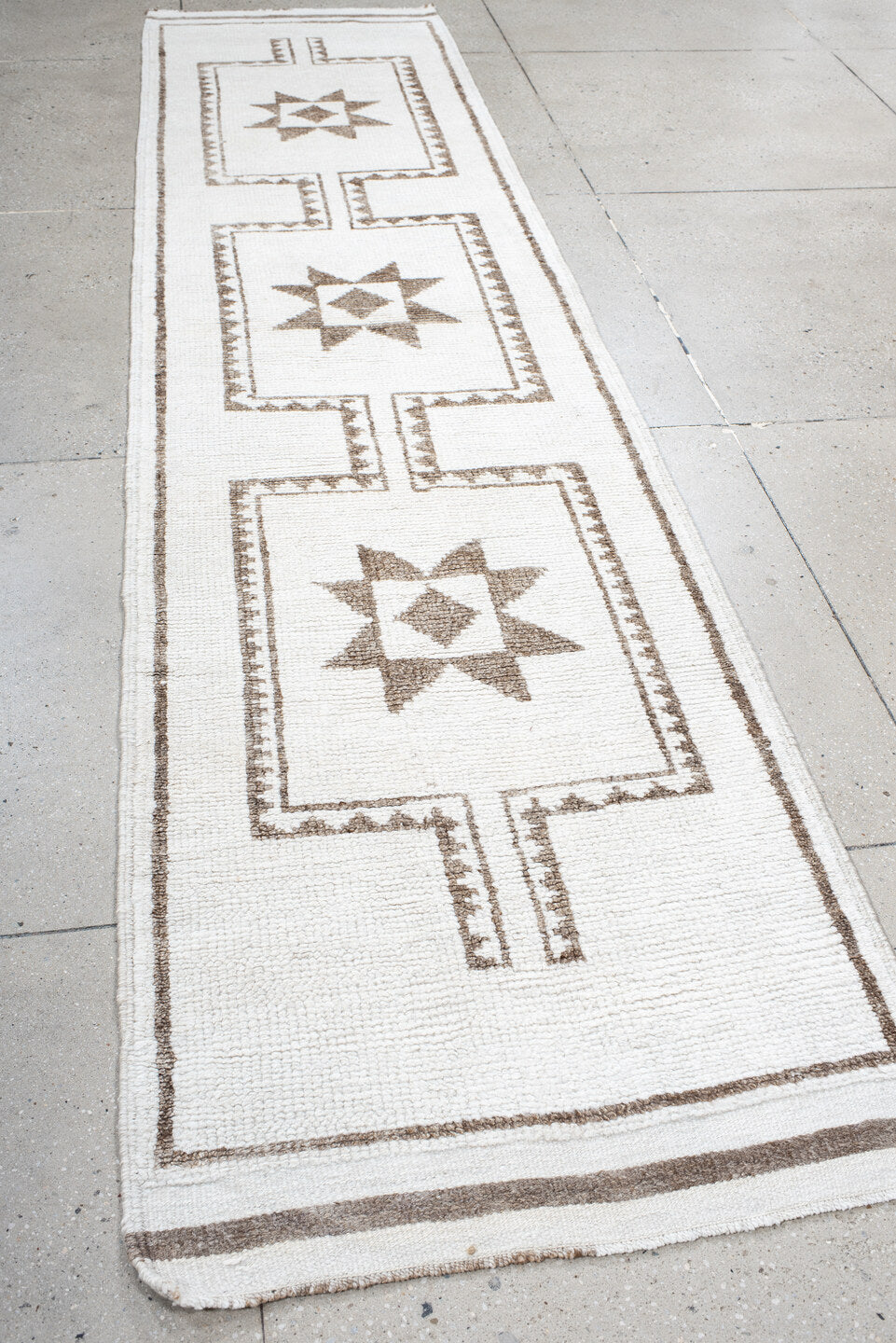 2' x 12' one-of-a-kind handmade vintage Kars runner rug. Color palette: ivory, taupe, beige, camel, gray