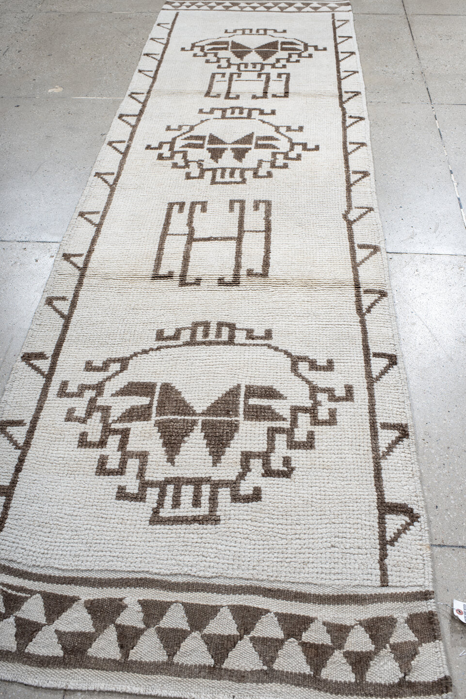 3' x 12' one-of-a-kind handmade vintage Kars runner rug. Color palette: ivory, taupe, brown, beige, gray