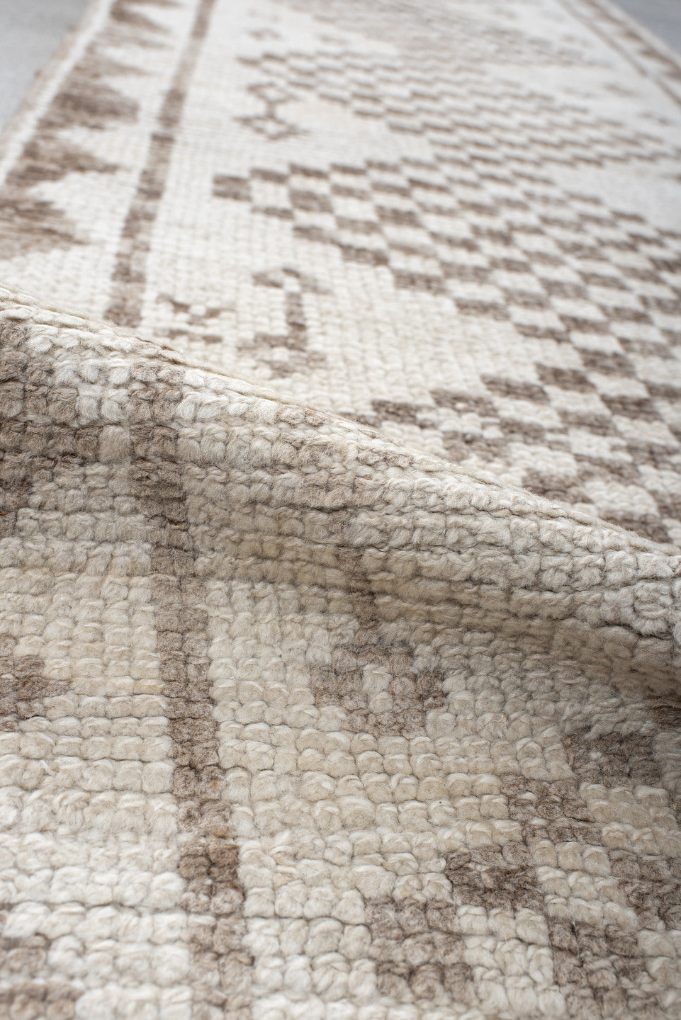 2' x 15' one-of-a-kind handmade vintage Kars runner rug. Color palette: ivory, taupe, beige, sand, gray