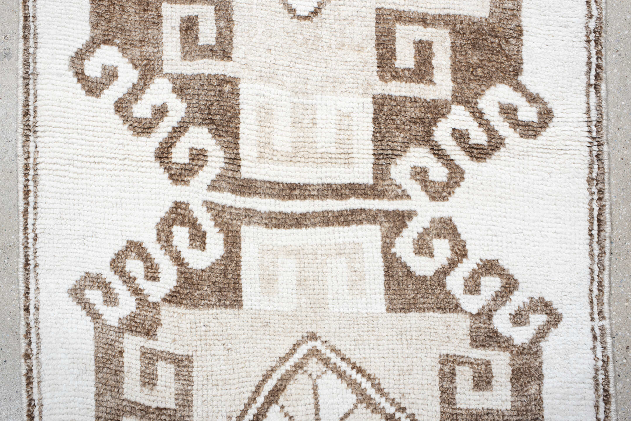 3' x 11' one-of-a-kind handmade vintage Kars runner rug. Color palette: ivory, taupe, beige, camel, gray