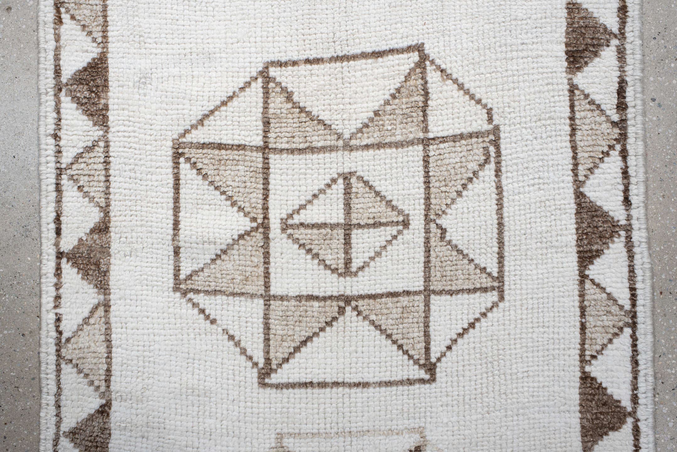 3' x 10' one-of-a-kind handmade vintage Kars runner rug. Color palette: ivory, taupe, beige, camel, gray