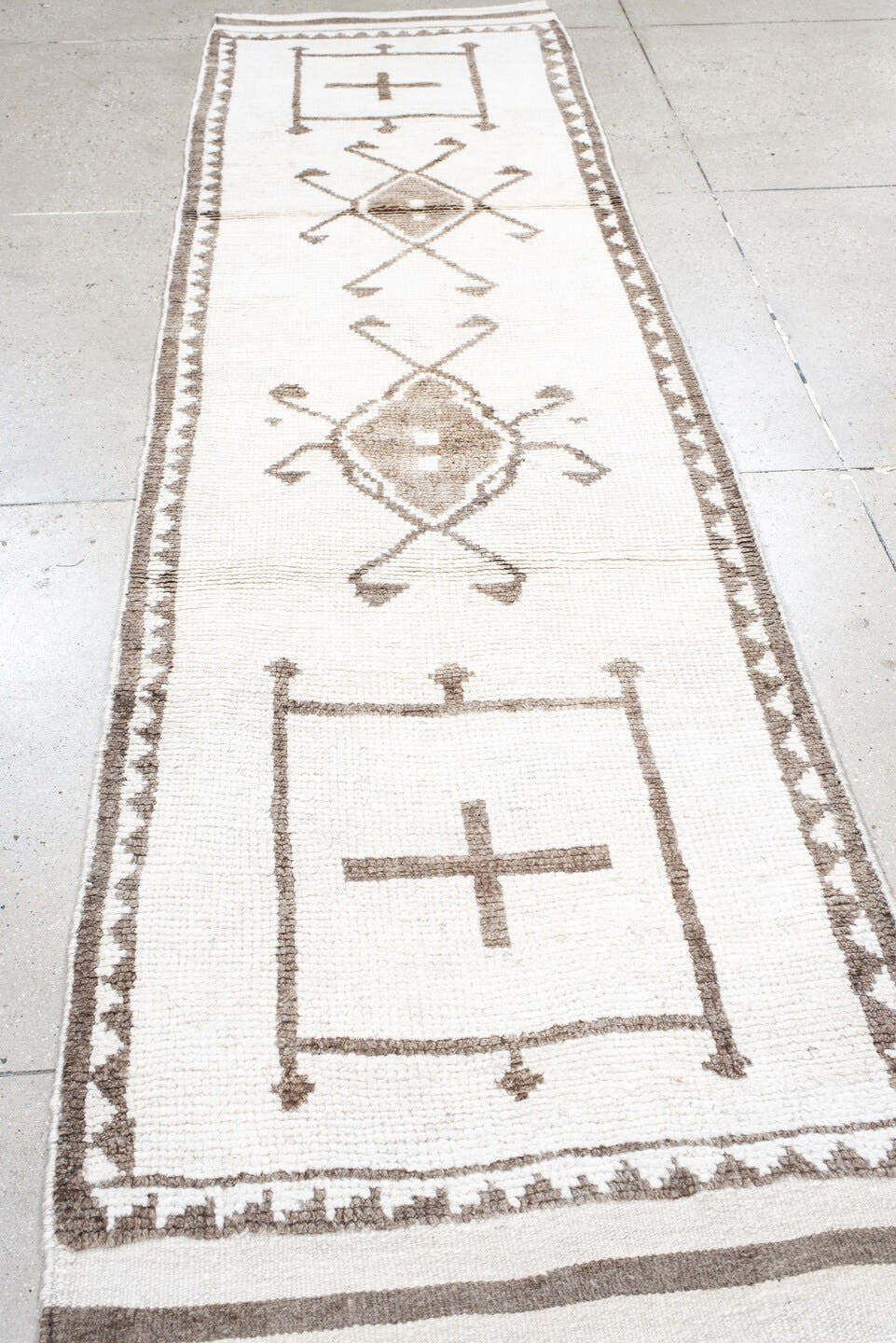 3' x 11' one-of-a-kind handmade vintage Kars runner rug. Color palette: ivory, taupe, camel, beige, gray