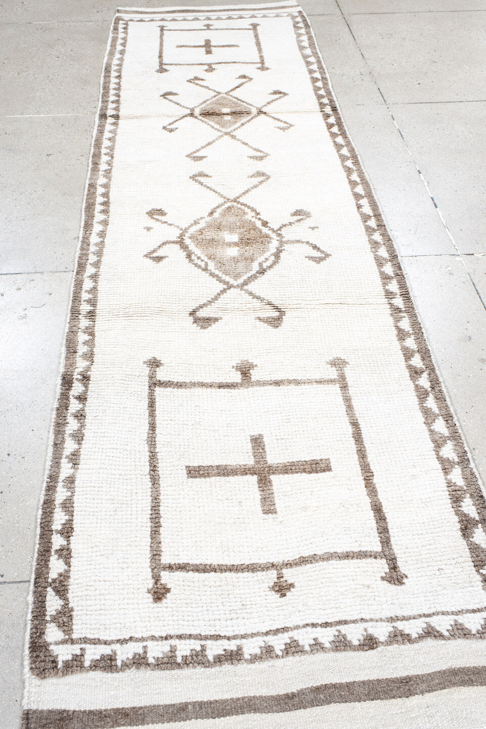 3' x 11' one-of-a-kind handmade vintage Kars runner rug. Color palette: ivory, taupe, camel, beige, gray