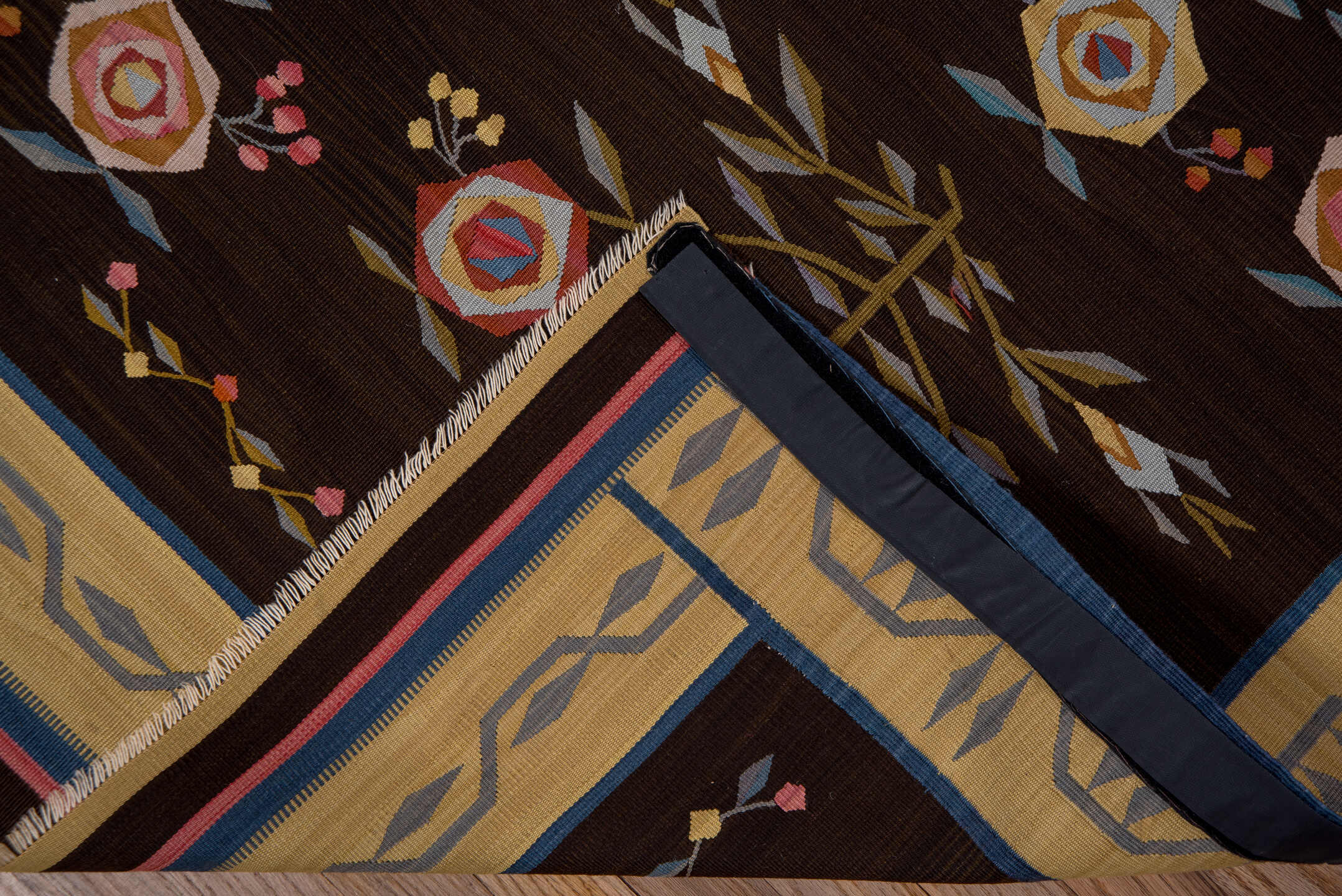 4' x 6' one-of-a-kind handmade vintage Kilim small size rug. Color palette: black, blue, brown, charcoal, gray, pink