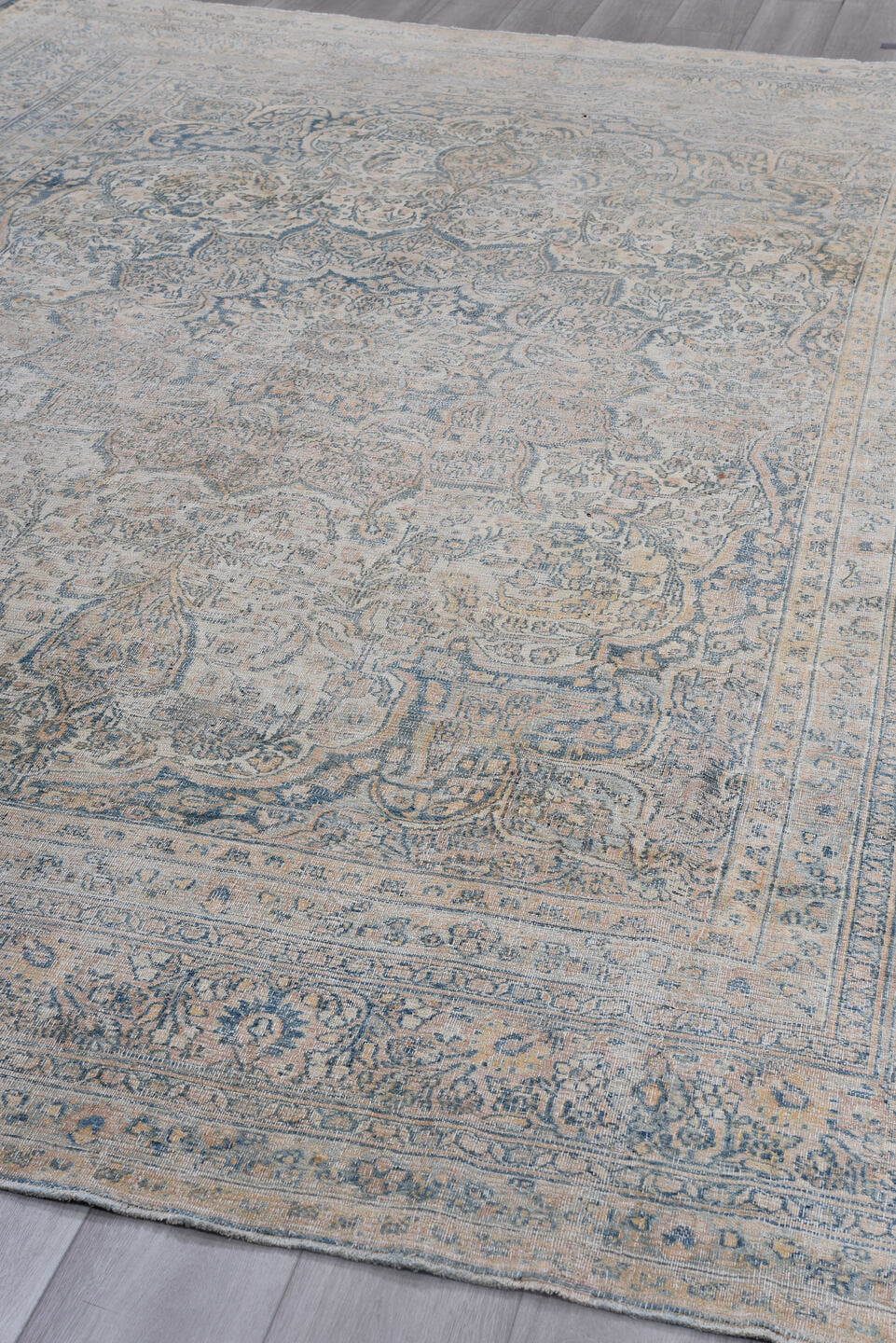 8' x 12' one-of-a-kind handmade antique Khorassan large size rug. Color palette: ivory, sky blue, beige, taupe, slate, camel
