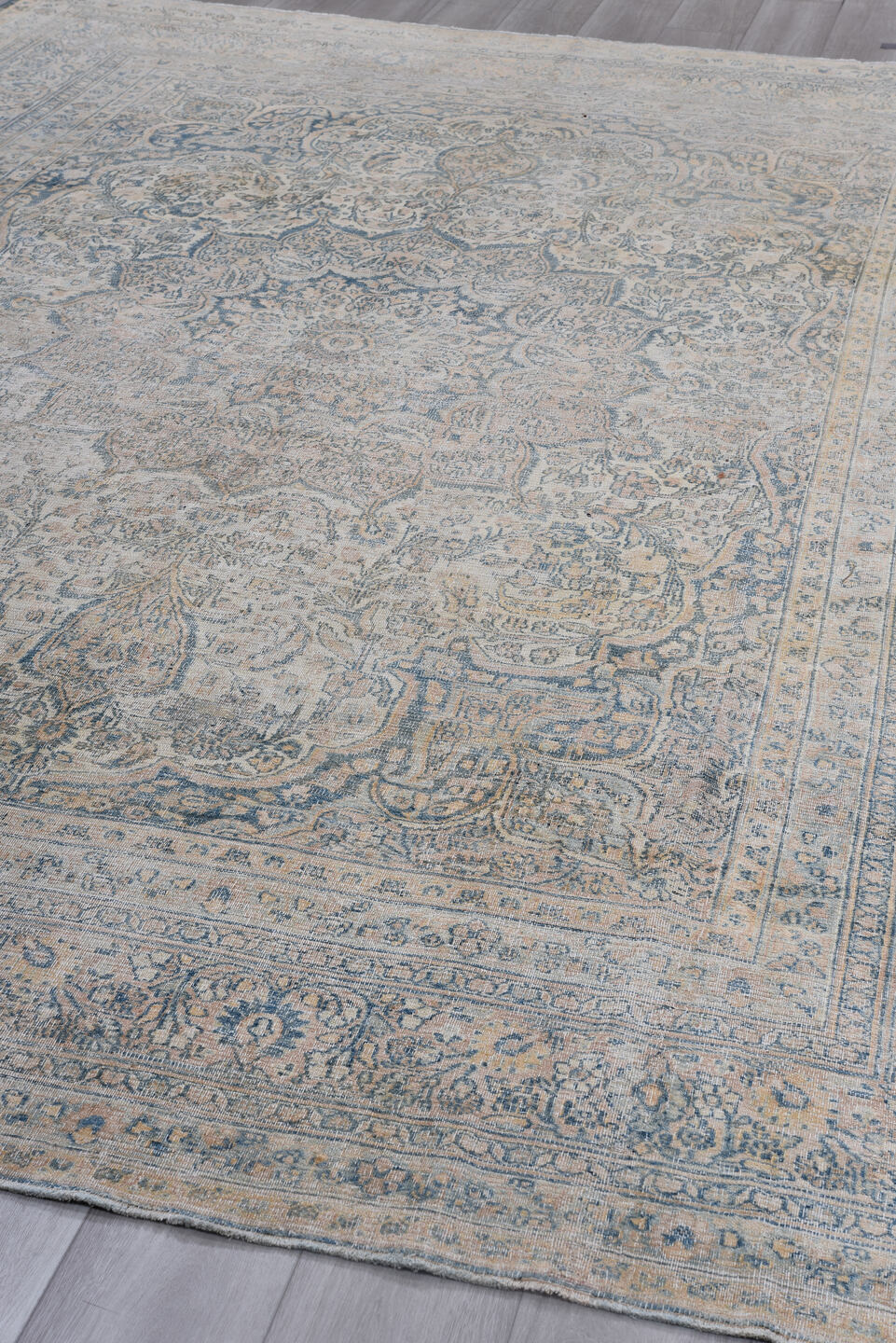 8' x 12' one-of-a-kind handmade antique Khorassan large size rug. Color palette: ivory, sky blue, beige, taupe, slate, camel