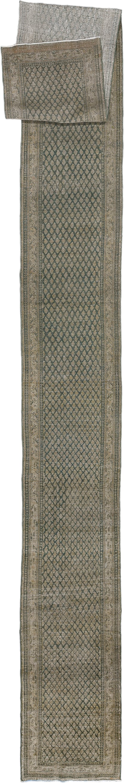 2' x 23' one-of-a-kind handmade antique Saraband runner rug. Color palette: taupe, slate, ivory, camel, charcoal, beige