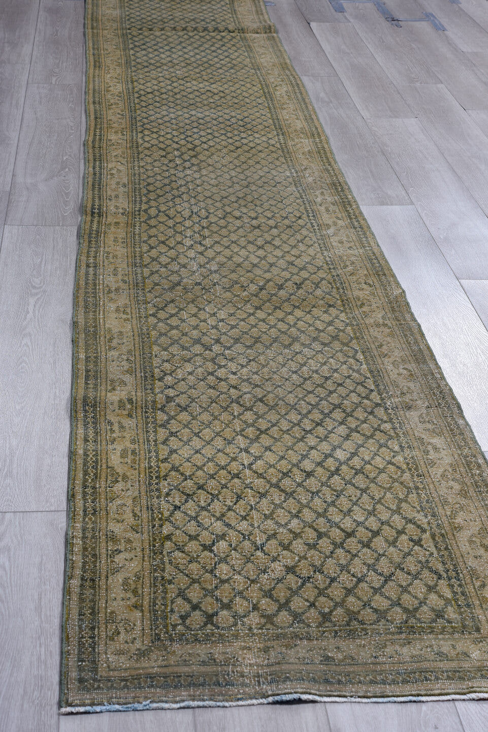 2' x 23' one-of-a-kind handmade antique Saraband runner rug. Color palette: taupe, slate, ivory, camel, charcoal, beige