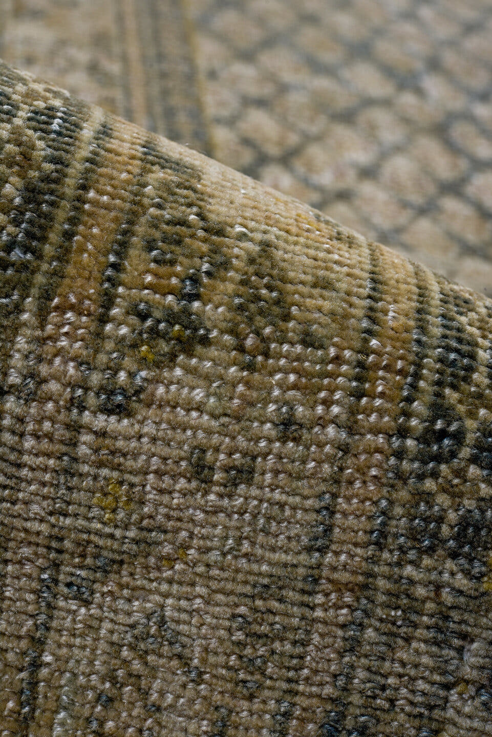 2' x 23' one-of-a-kind handmade antique Saraband runner rug. Color palette: taupe, slate, ivory, camel, charcoal, beige
