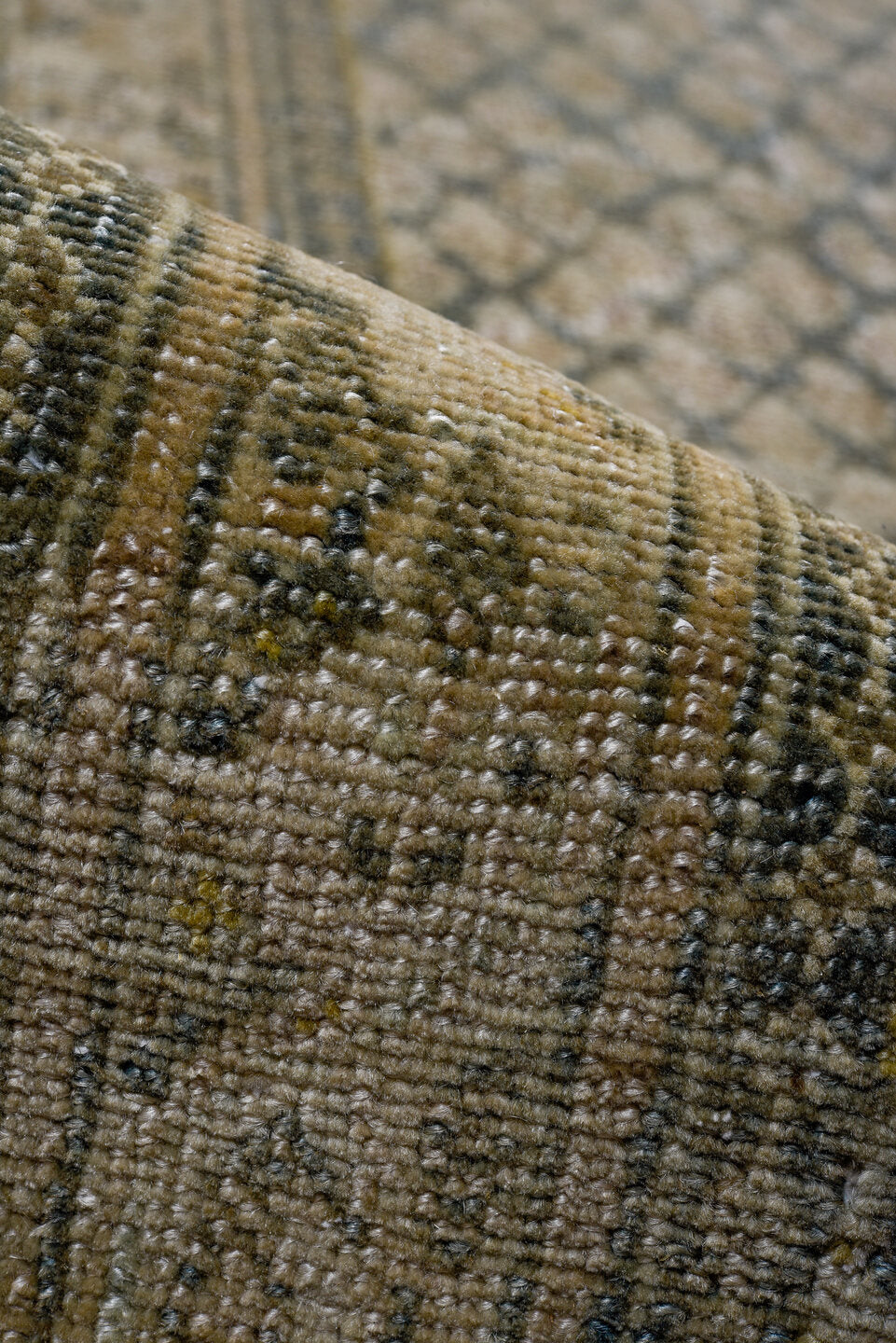 2' x 23' one-of-a-kind handmade antique Saraband runner rug. Color palette: taupe, slate, ivory, camel, charcoal, beige