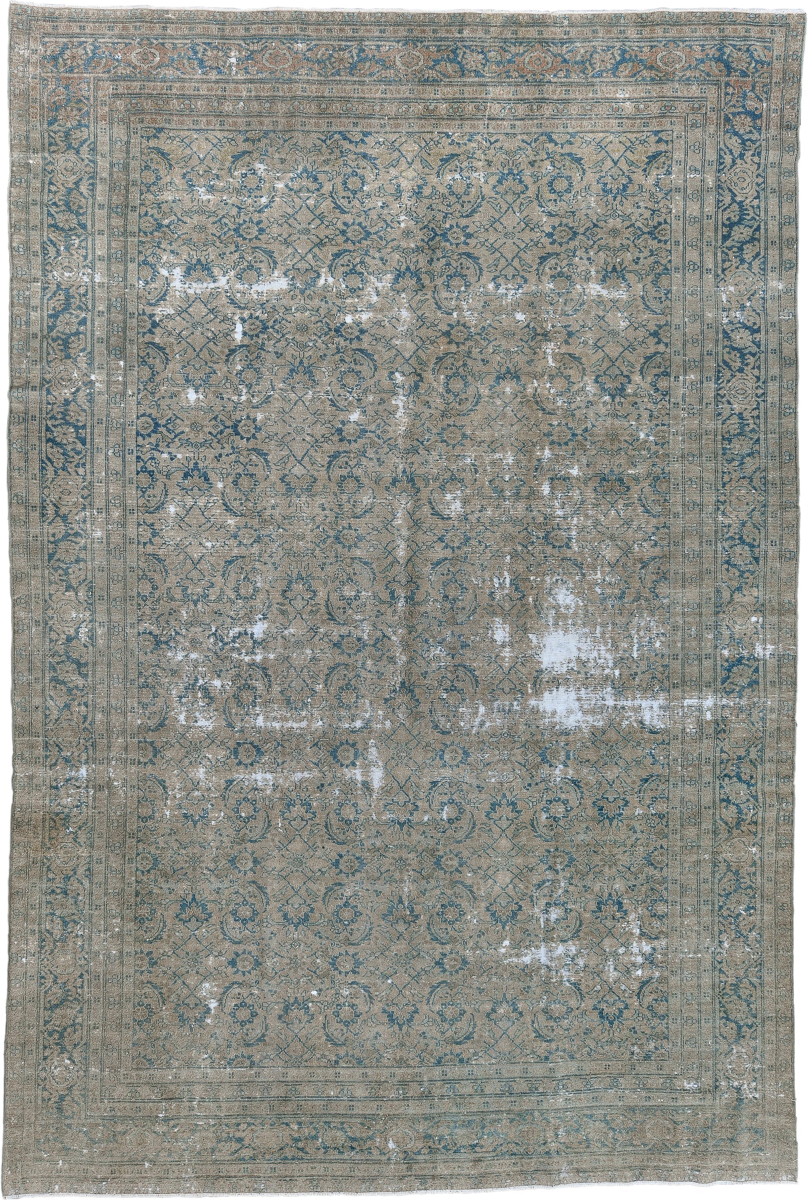 7' x 11' one-of-a-kind handmade antique Sivas large size rug. Color palette: taupe, blue, ivory, beige, slate, gray
