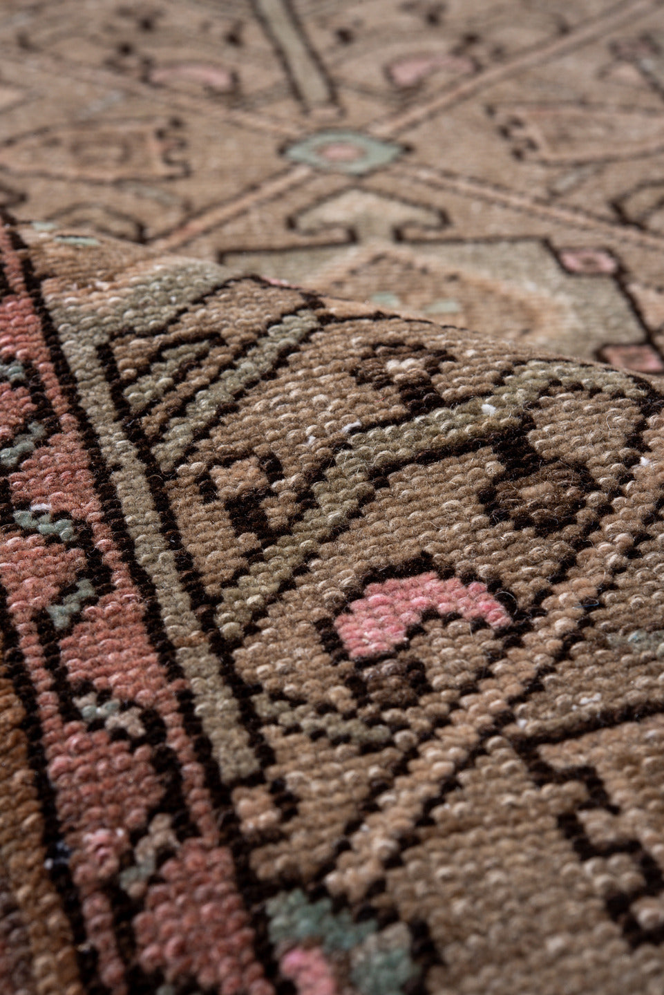 3' x 15' one-of-a-kind handmade vintage Malayer runner rug. Color palette: brown, gray, off-white, pink, snow, white